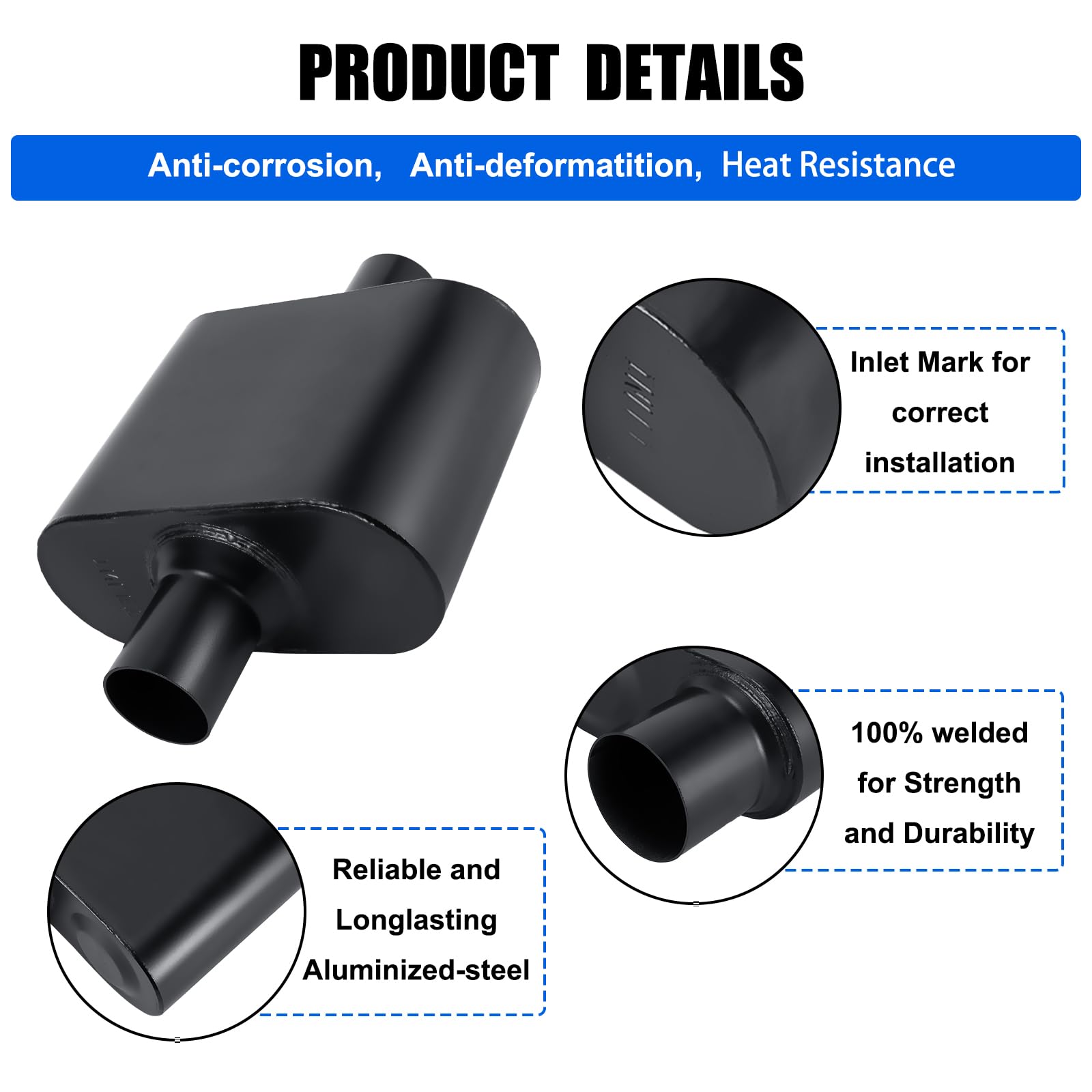 Floshine Universal Mufflers,Performance Automotive Exhaust Muffler,Single Chamber 2.5 Inch Inlet (Id) 2.5 Inch Outlet (Id) Black
