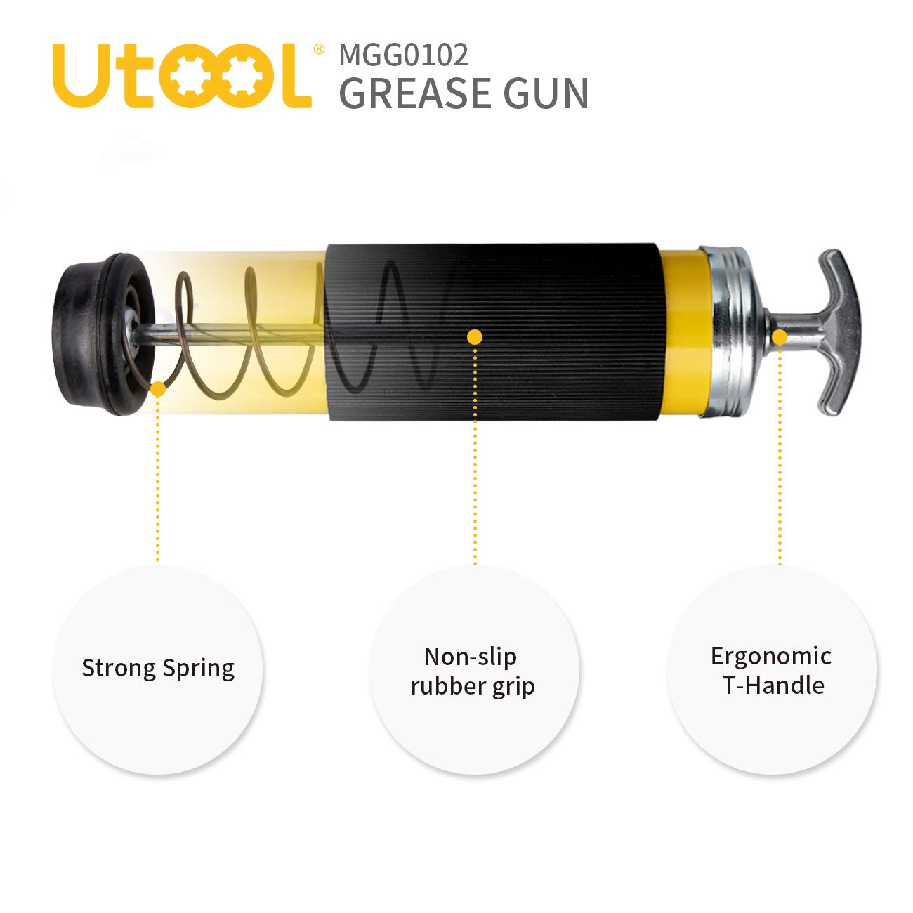 UTOOL Heavy Duty Grease Gun Set, 7000 PSI, 14 oz, Black/Yellow, Includes Flex Hose, Couplers, Rigid Pipe, Sharp Nozzle