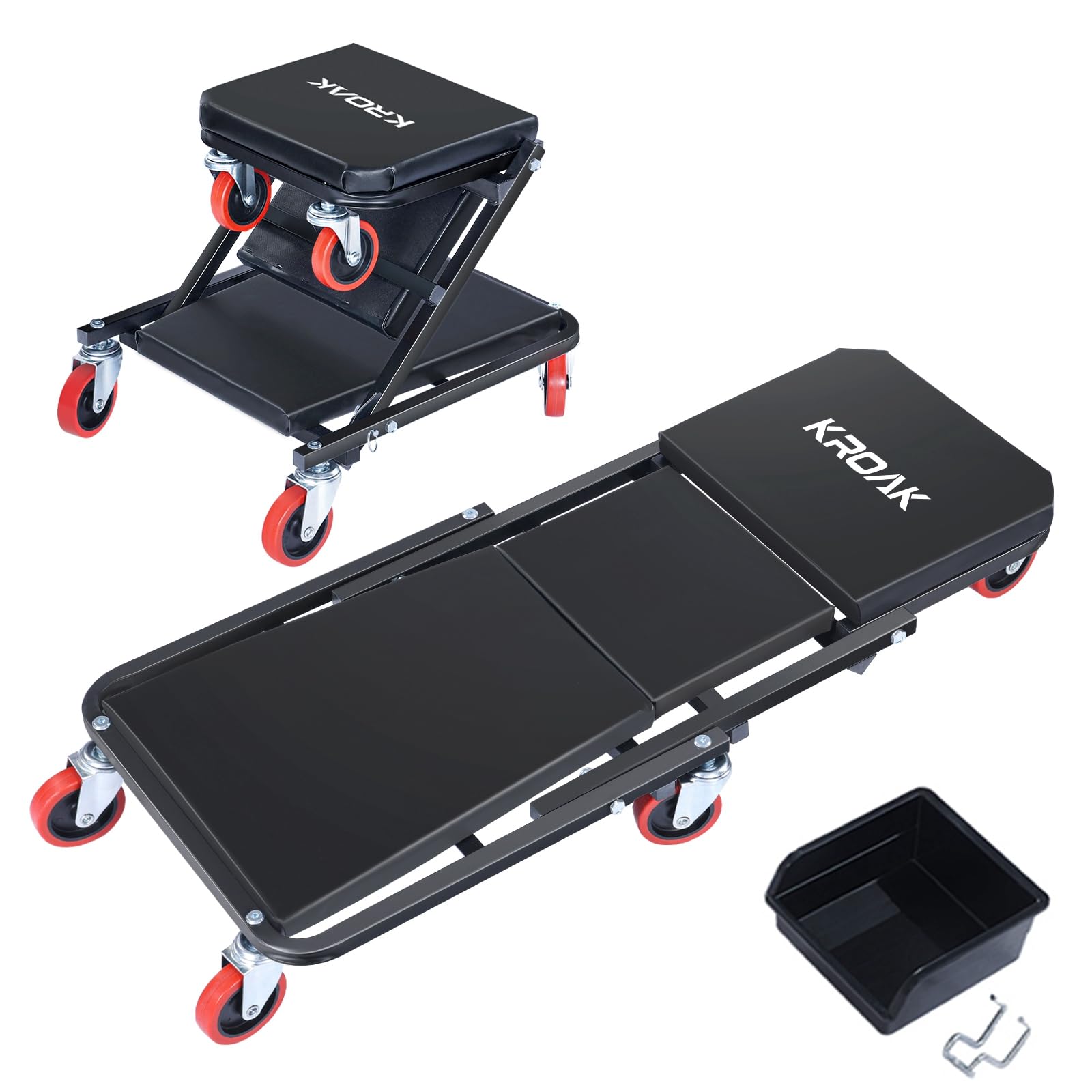 KROAK Creeper, 36 Inches 2 in 1 Z Creeper Seat 330 lbs Capacity Garage Chair Adjustable Rolling Folding Car Creeper with 6 pcs W