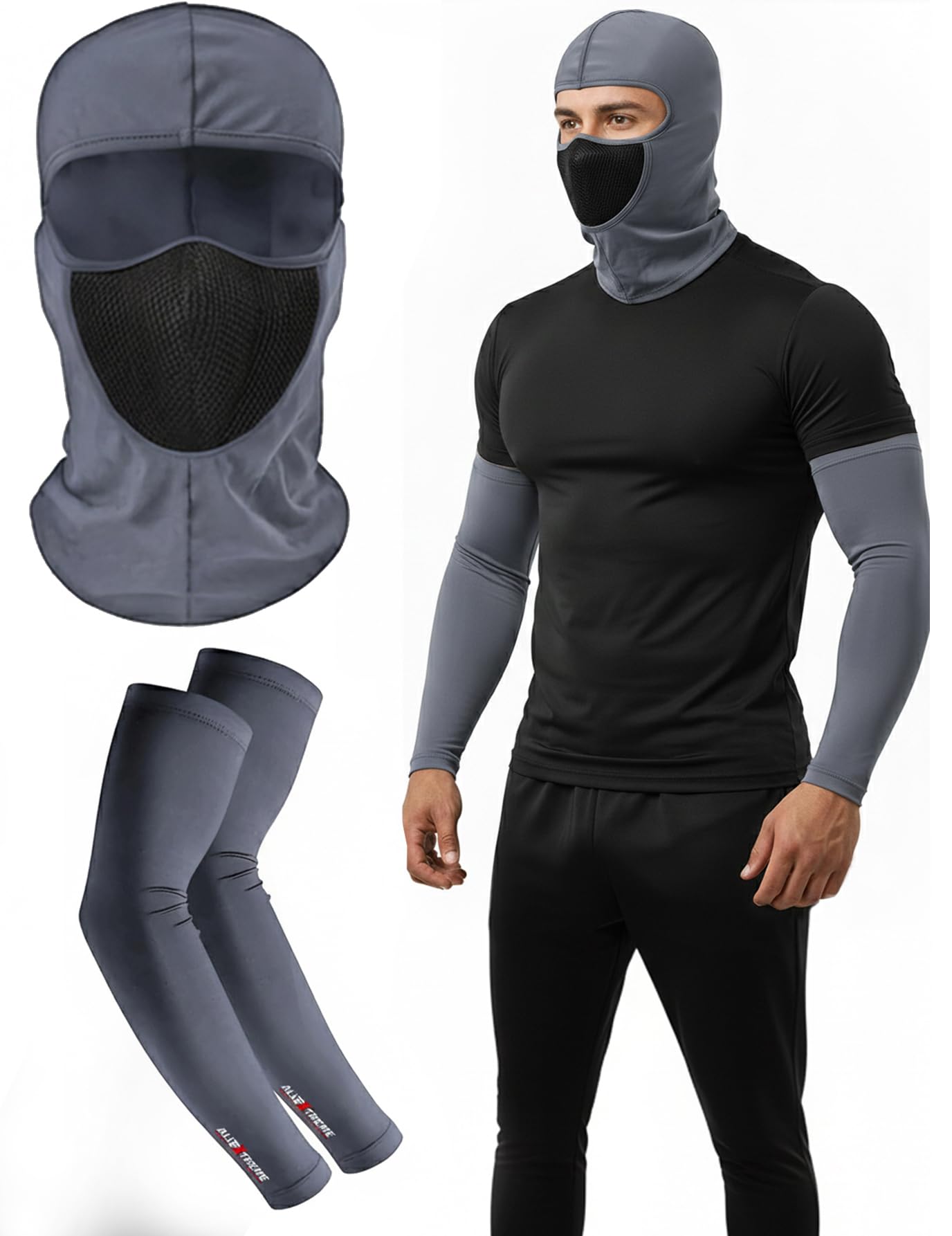 Allextreme Arm Sleeves & Full Face Mask With Filter Reusable Uv Dust Protection Cotton Balaclava & Hand Cover Set For Men Women 