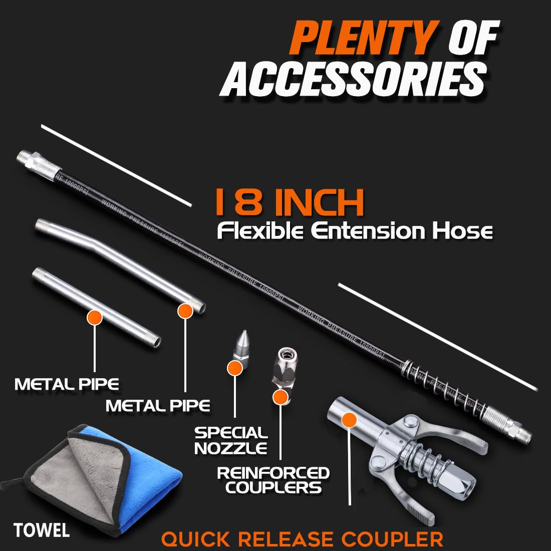Lnchett Grease Gun With Quick Release Coupler And Towel, 9000 Psi Professional Heavy Duty 14 Oz Grease Gun With 18 Inch Spring F