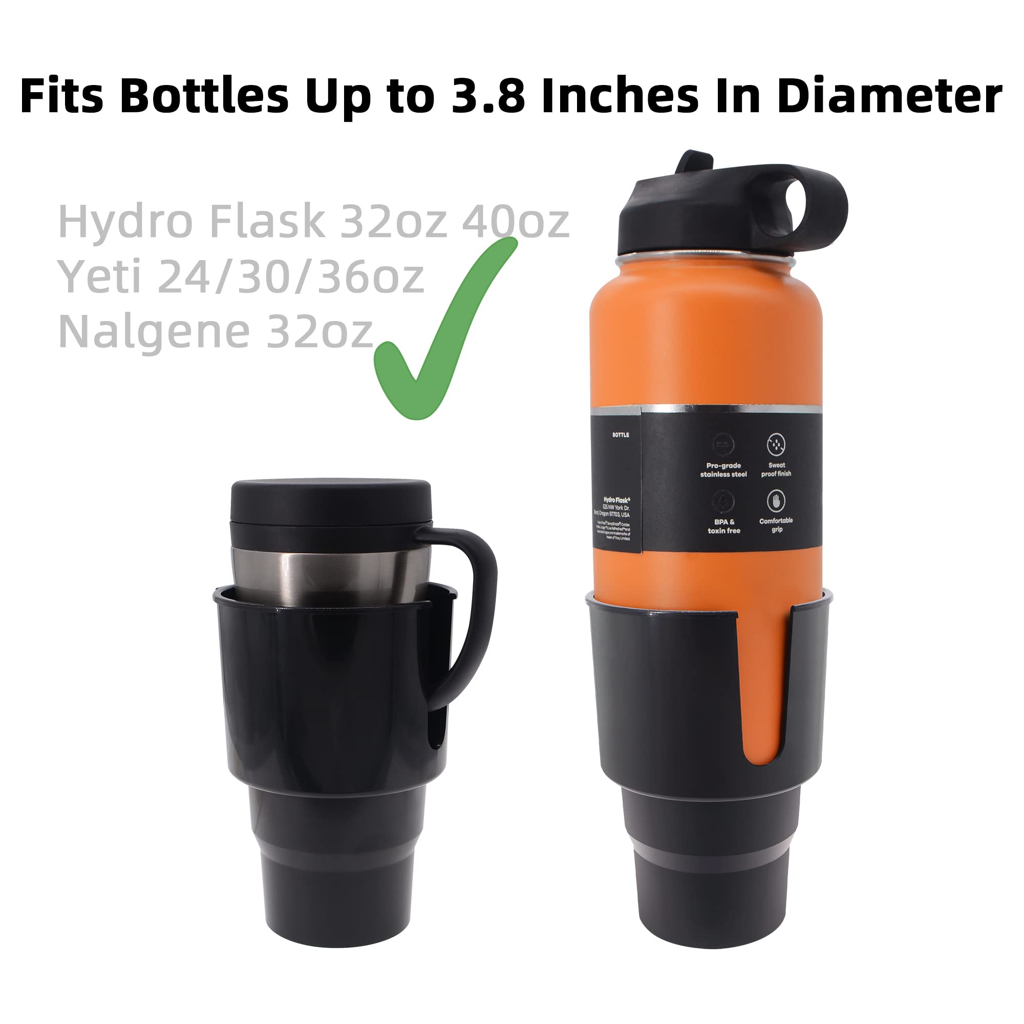 iSaddle Car Cup Holder Adapter for Hydro Flask, Yeti, Nalgene - Fits Bottles Up to 3.8 Inches, Model CH-393, Plastic