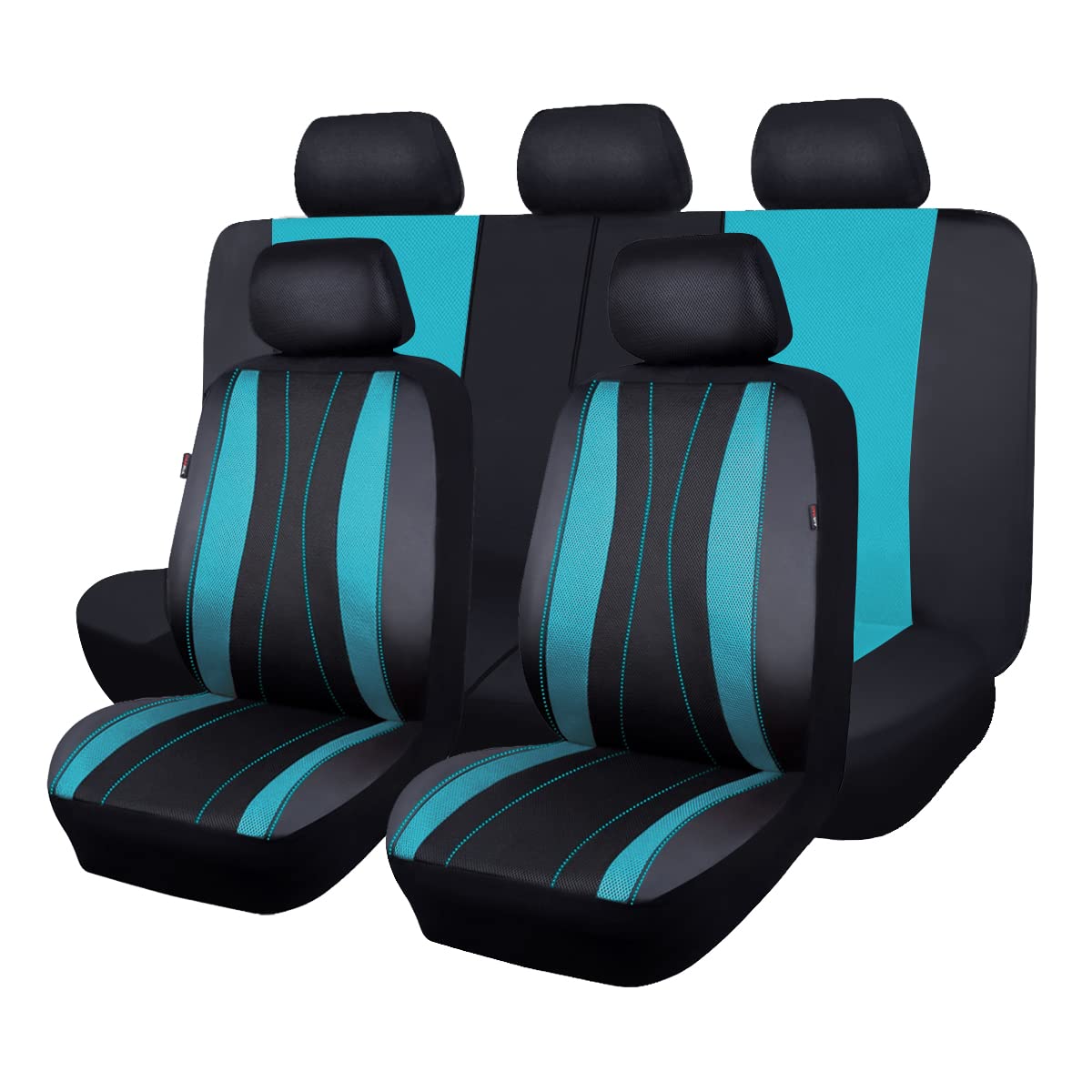 Flying Banner Car Seat Covers Full Set Faux Leather Air Mesh Breathable Man Lady Airbag Compatible Rear Bench Split 40/60 50/50 60/40 Truck Pick Up (Full Set - Low Back, Black Mint Blue)