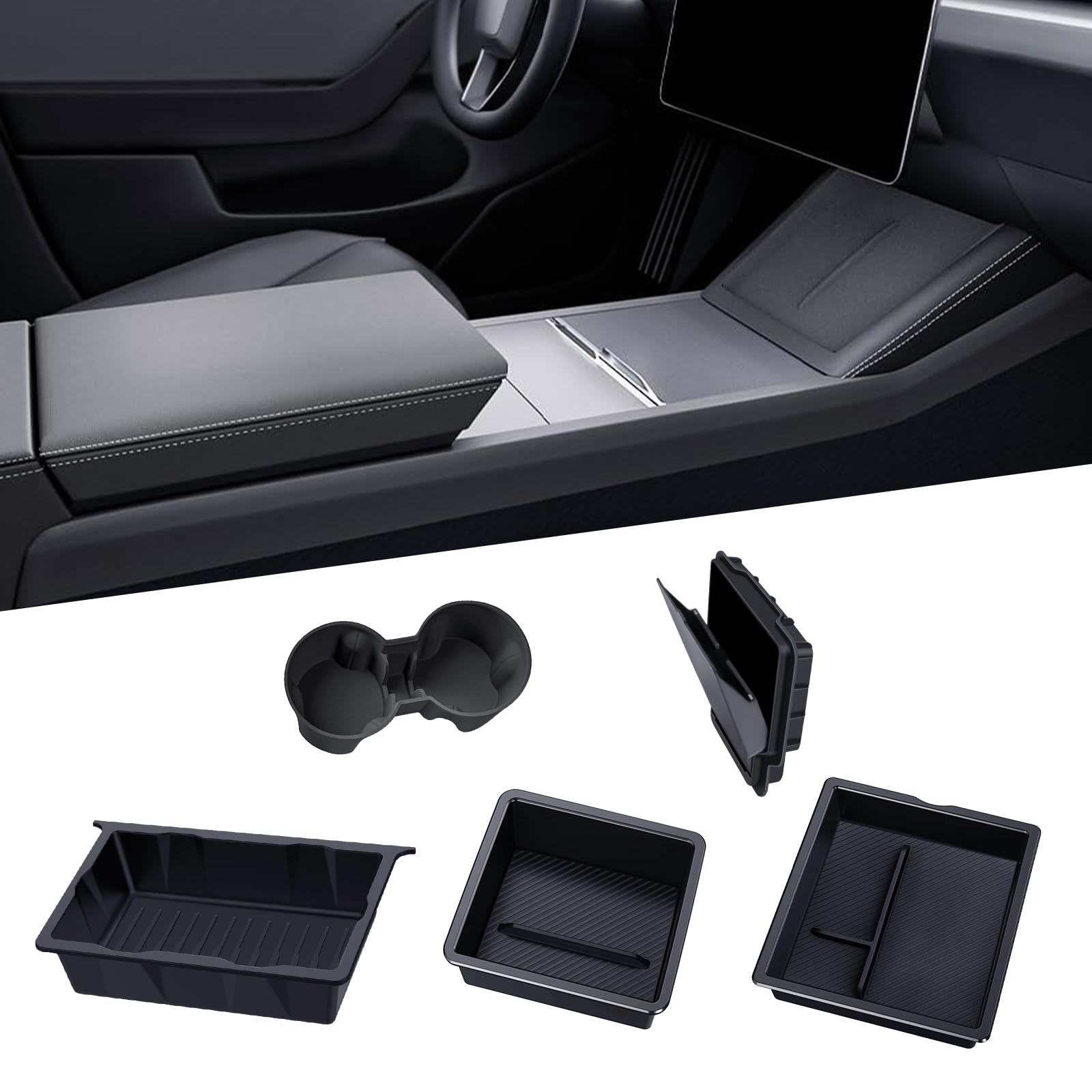 Bankky Center Console Organizer Tray 5Pcs For Tesla Model Y Accessories 2024-2020(Not Fit Model Y Juniper), Armrest Storage Tray