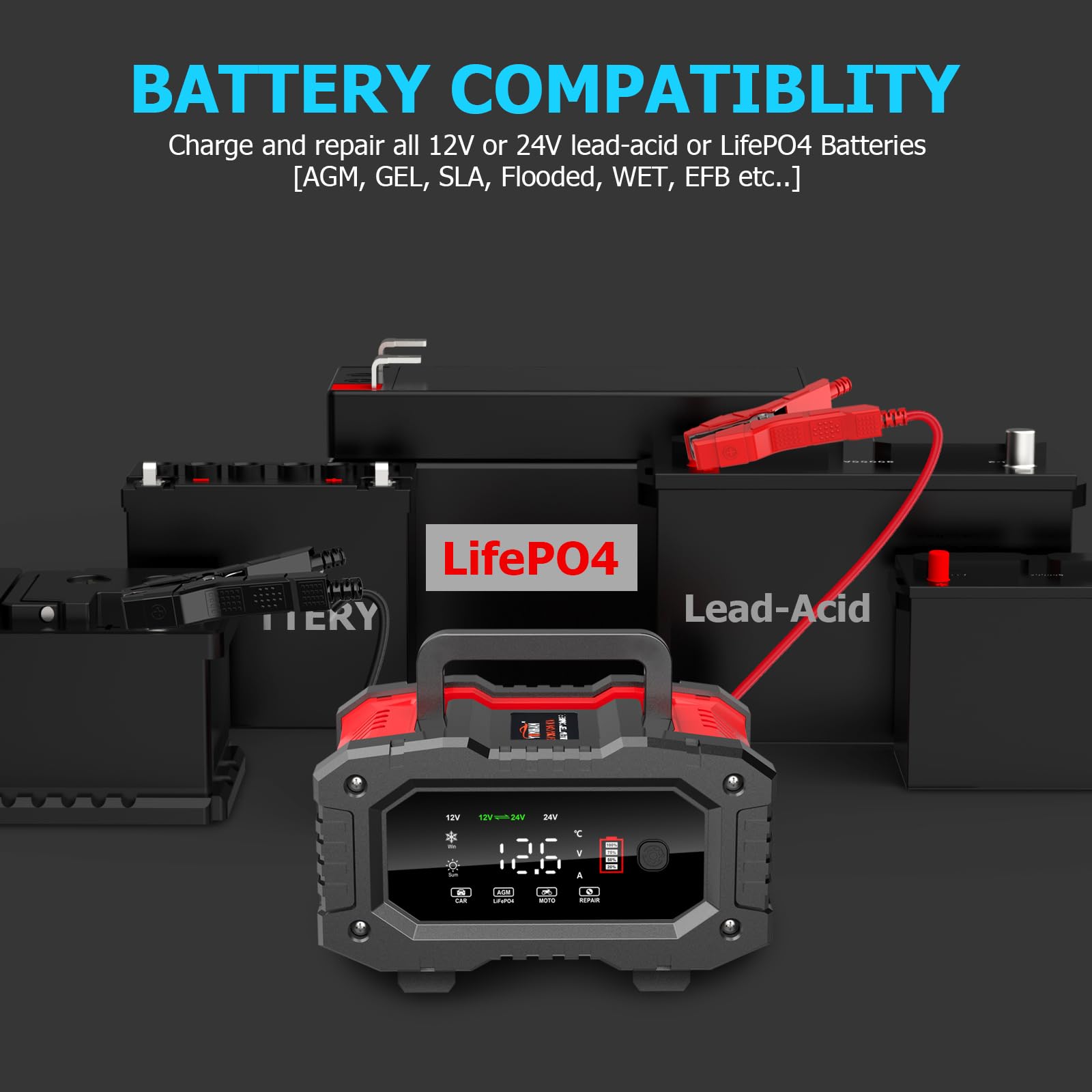 YONHAN 0-20A Battery Charger 12V/24V LiFePO4 Lead Acid, Fully Automatic, Black Red, Model bc02-1a, with Winter Mode & Battery