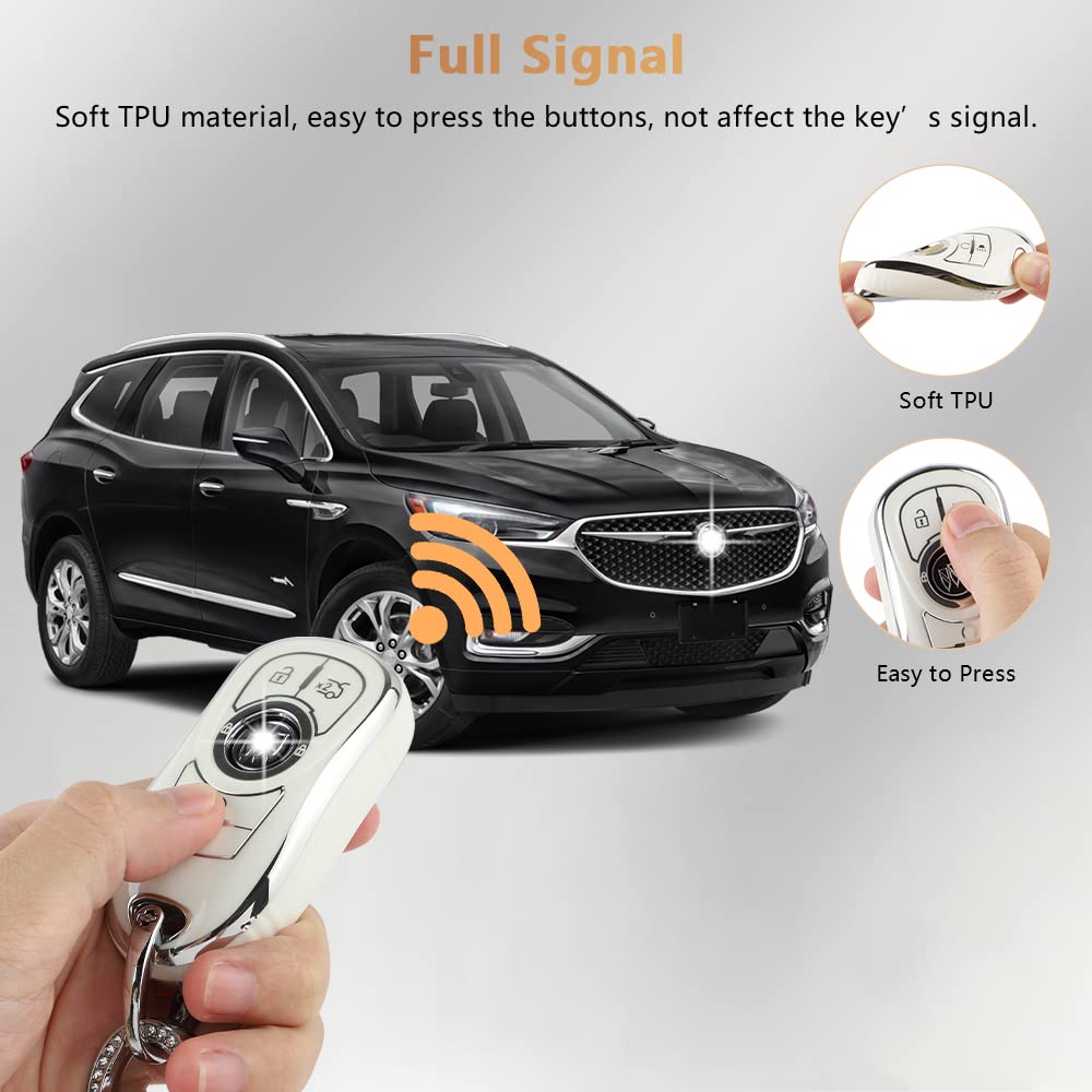 Pifoog White Key Fob Cover For Buick 6 Buttons Car Keys Shell Case Protector Soft Tpu Bling Keychain For Buick Enclave Encore Lacrosse Regal Envision Accessories Girly Women