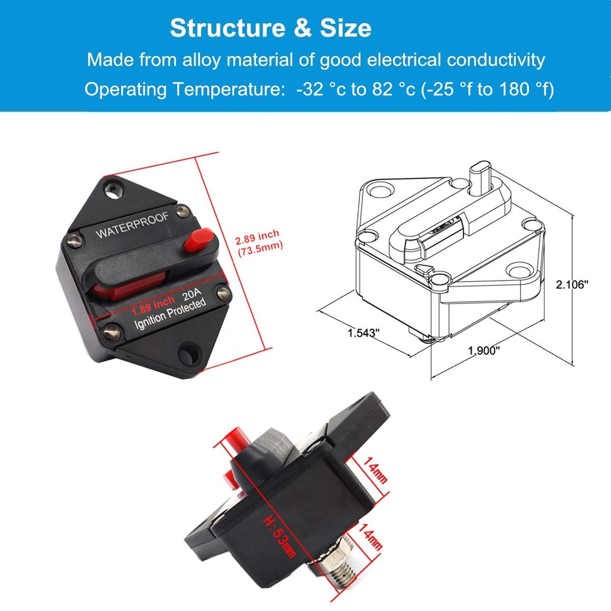 Wohhom Hi-Amp 20Amp Circuit Breaker 12V-32V Dc Waterproof, 10-300A Fuse Inverter With Manual Reset Button For Auto Truck Rv Marine, Panel Mount (20A)