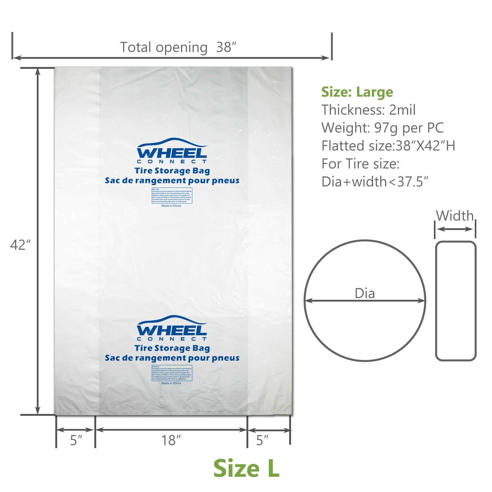 WHEEL CONNECT Tire Storage Bags, Large 38"x42"H, LDPE Plastic, White, Pack of 4, Model TSB024