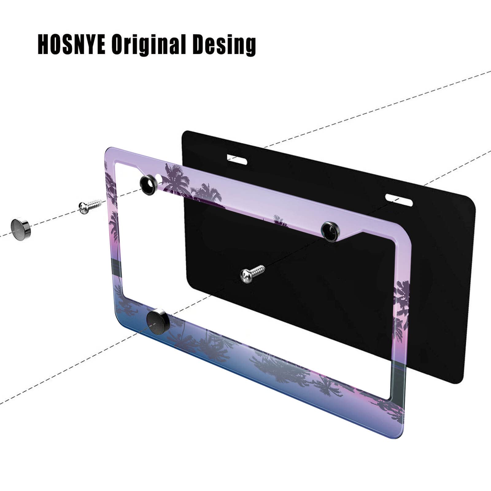 HOSNYE Palm Tree License Plate Frame Tropical Seashore Night Silhouettes Moonlight Metal License Plate Cover Front Plates Frames