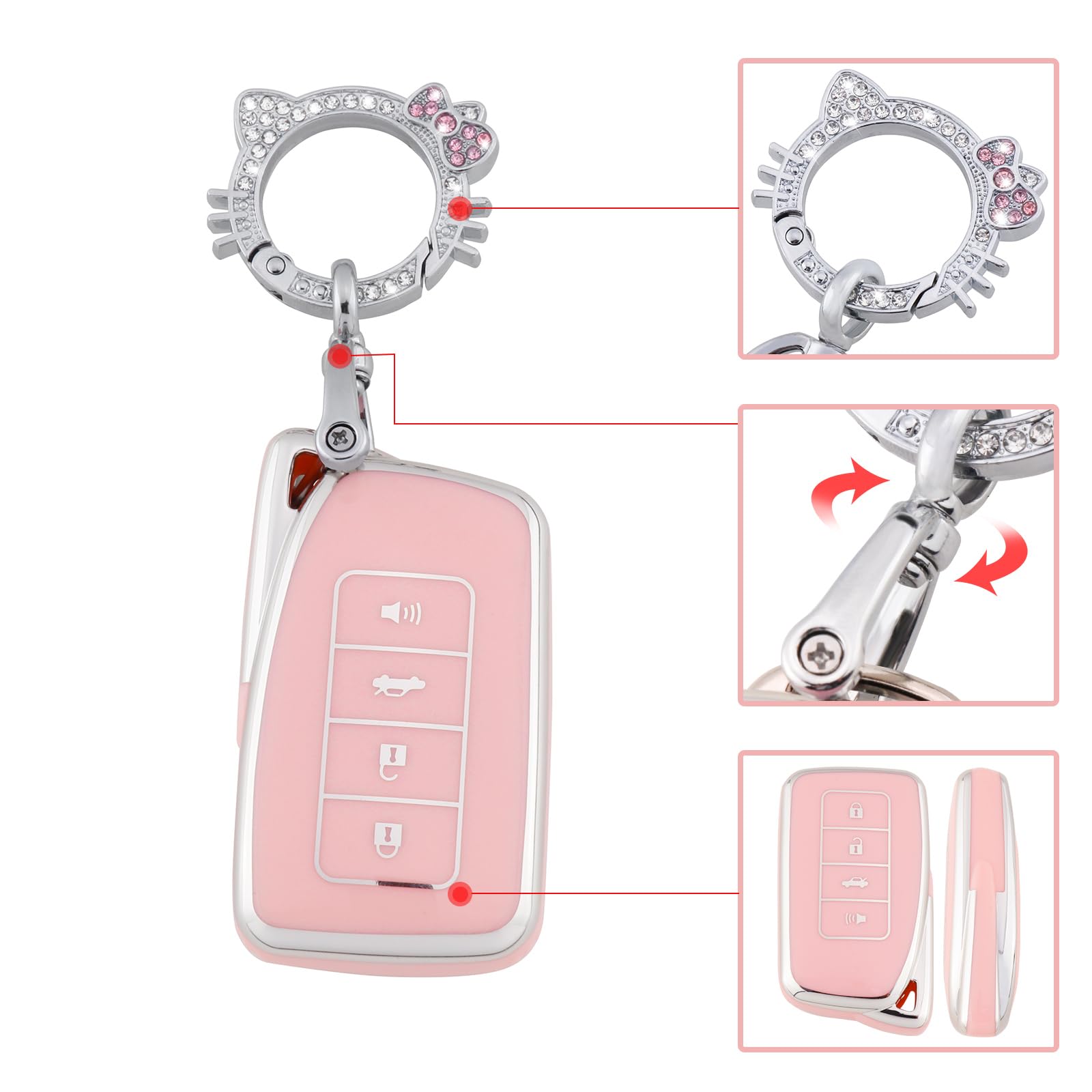 Pangpai Soft TPU Pink Key Fob Cover for Lexus RX ES GS LS NX RS GX LX Smart Key with Bling Keychain