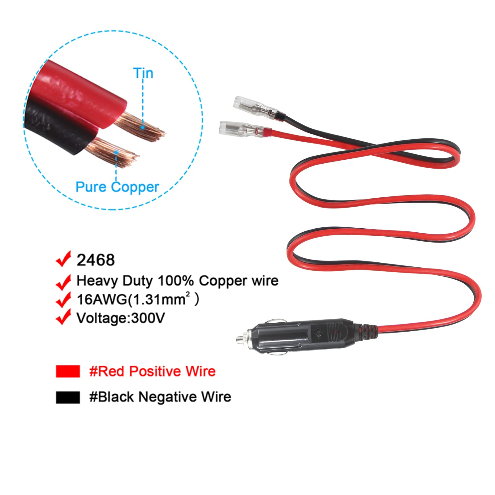 2Ft 12Volt Replacement Cigarette Lighter Male Plug With Leads - Car Cigarette Lighter Male Plug To Bullet Female Terminal With Lead Cigar Plugs Power Supply Heavy Duty Cord Led Light 15Amp (2Ft-1Pack)