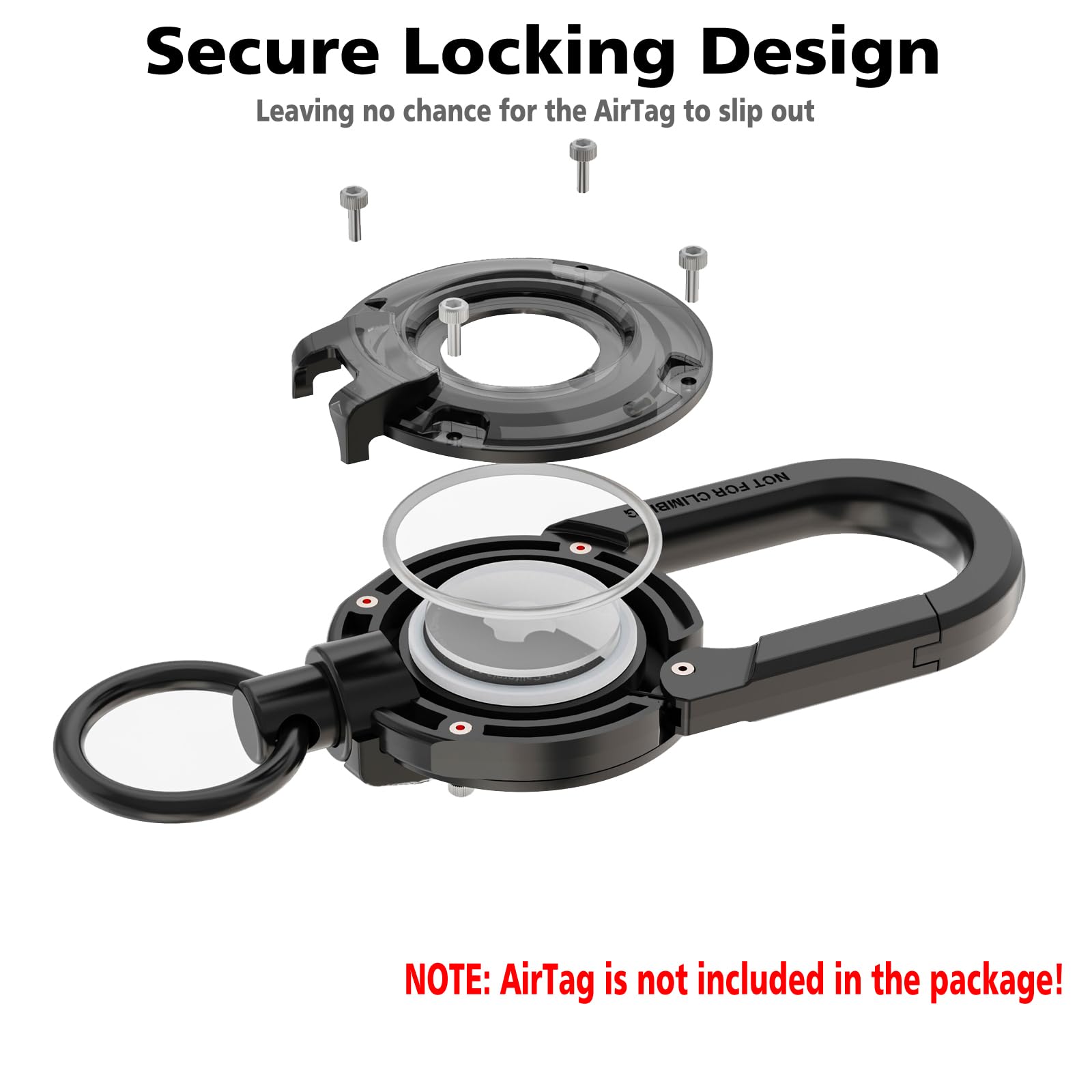 Eupterosaur Heavy Duty Carabiner Keychain with AirTag Holder, Aluminum, Black, 1 Pack