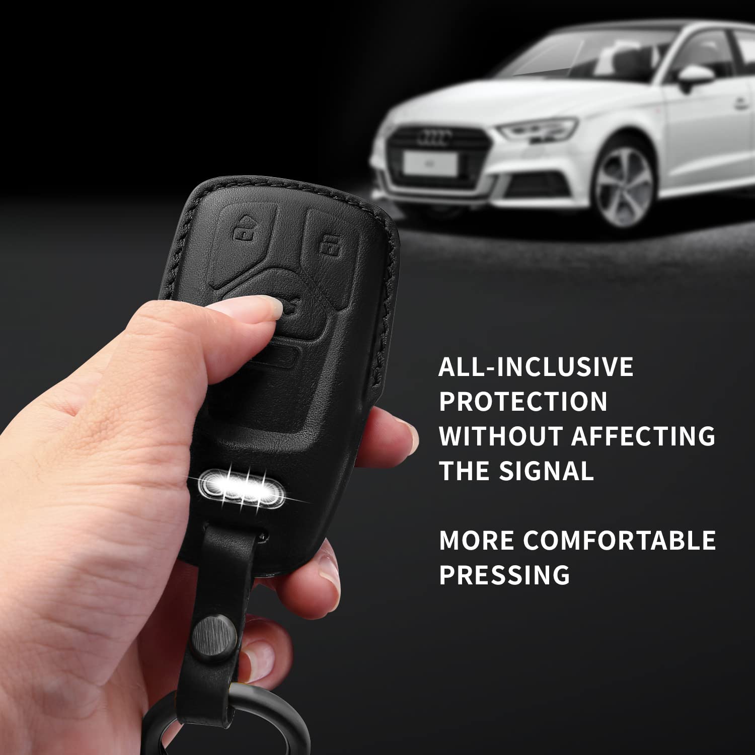 Tukellen Leather Key Fob Cover for Audi A4 Q5 Q7 TT A6 R8 S5 - Black, Genuine Leather with Keychain