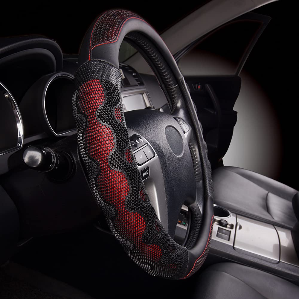 Flying Banner Steering Wheel Cover - Faux Leather, 15" Anti-Slip, 3D Honeycomb Design, Red with Black, Model FB-043