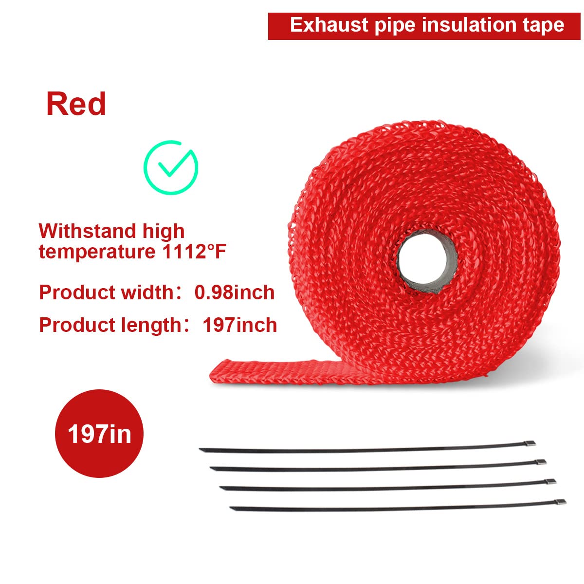 BLAU GRUN Auto Exhaust Wrap - 16FT Titanium Fiberglass Heat Shield, Universal Motorcycle Protection, Red with 4 Stainless Ties