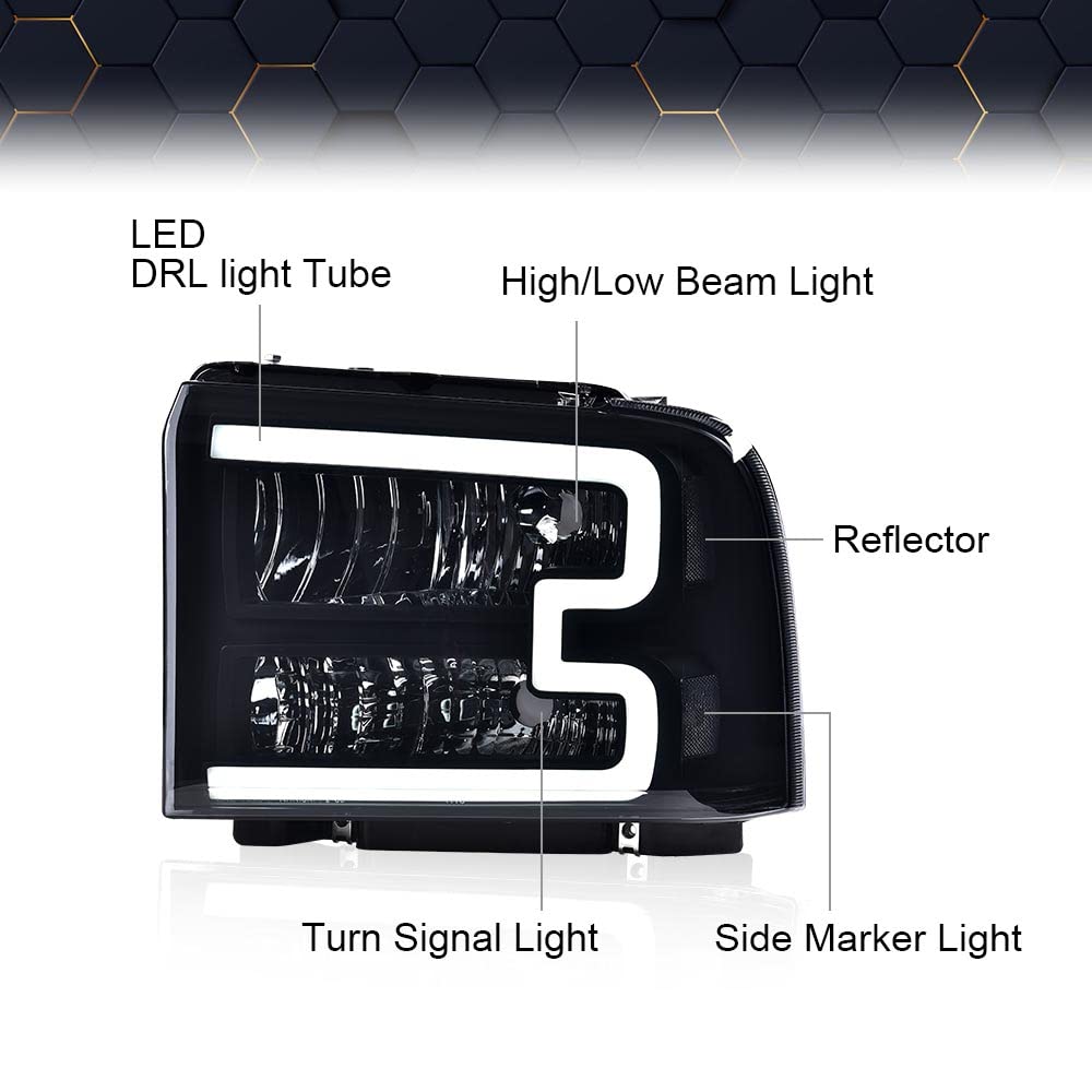 PIT66 LED DRL Headlight for Ford F250 F350 F450 F550 2005-2007, Smoky Lens, Polycarbonate, Harness Style
