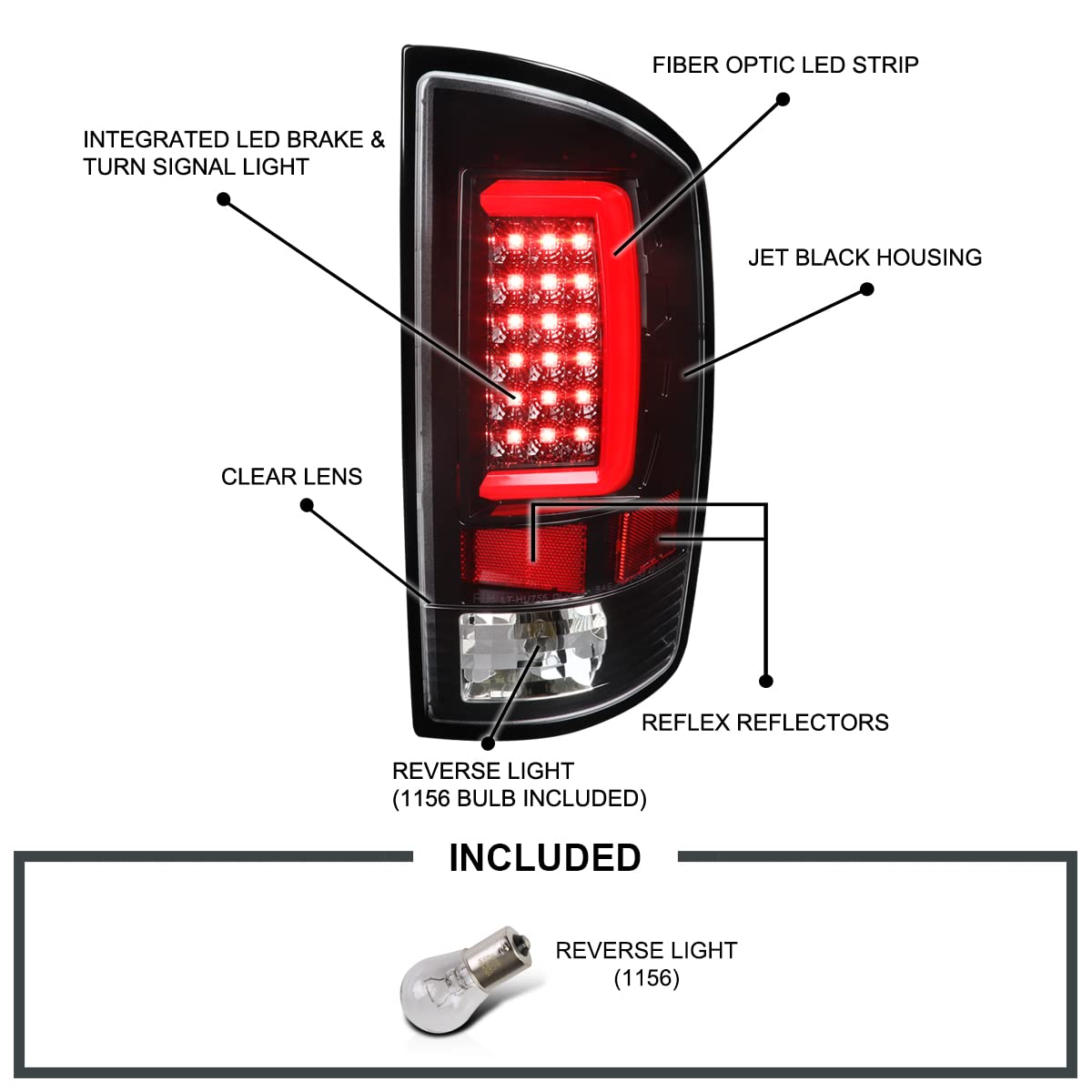 Spec-D Tuning Led Light Bar Jet Black Housing Clear Lens Tail Lights Compatible With 2007-2008 Dodge Ram 1500, 2007-2009 Dodge R