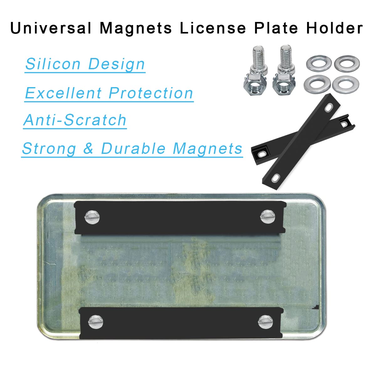WFPOWER 2 Pack Magnetic License Plate Holder, Rubber Coated, 20.5cm x 3cm, Black, Model KF-1003182K, Scratch-Free for Cars and Trucks