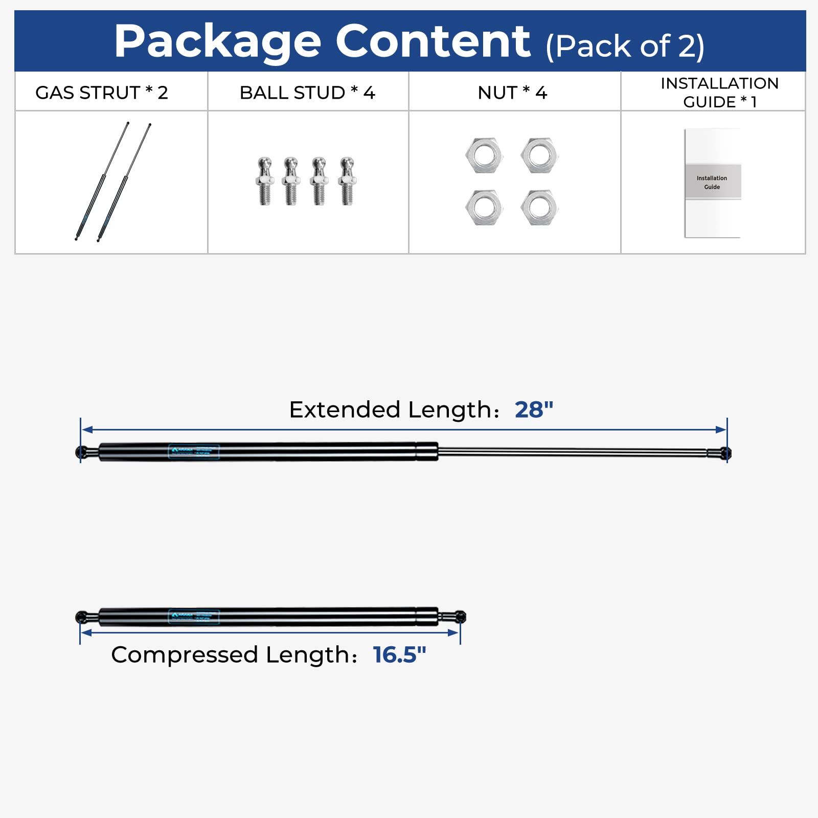 28 Inch 200 Lb (889 N) Gas Struts Spring Shocks 28 In For Heavy Lids Trap Door Truck Sled Trailer Cap Tonneau Cover Replacement