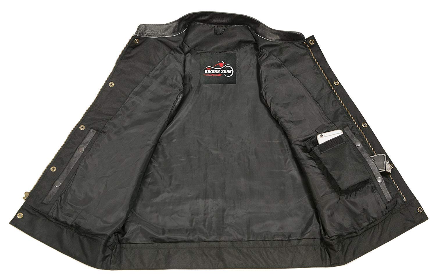 Soa Mens Leather Club Style Vest W/Gun Pockets, Leather Biker Vest (Black, M)