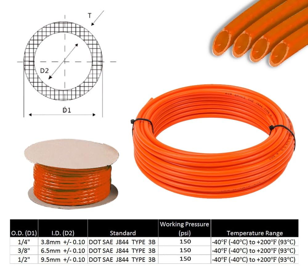 Mytee Products 1/4'' Od X 50' Orange Sae J844 Nylon Air Brake Tubing Dot Approved | Pneumatic Nylon Air Line Hose For Air Brake