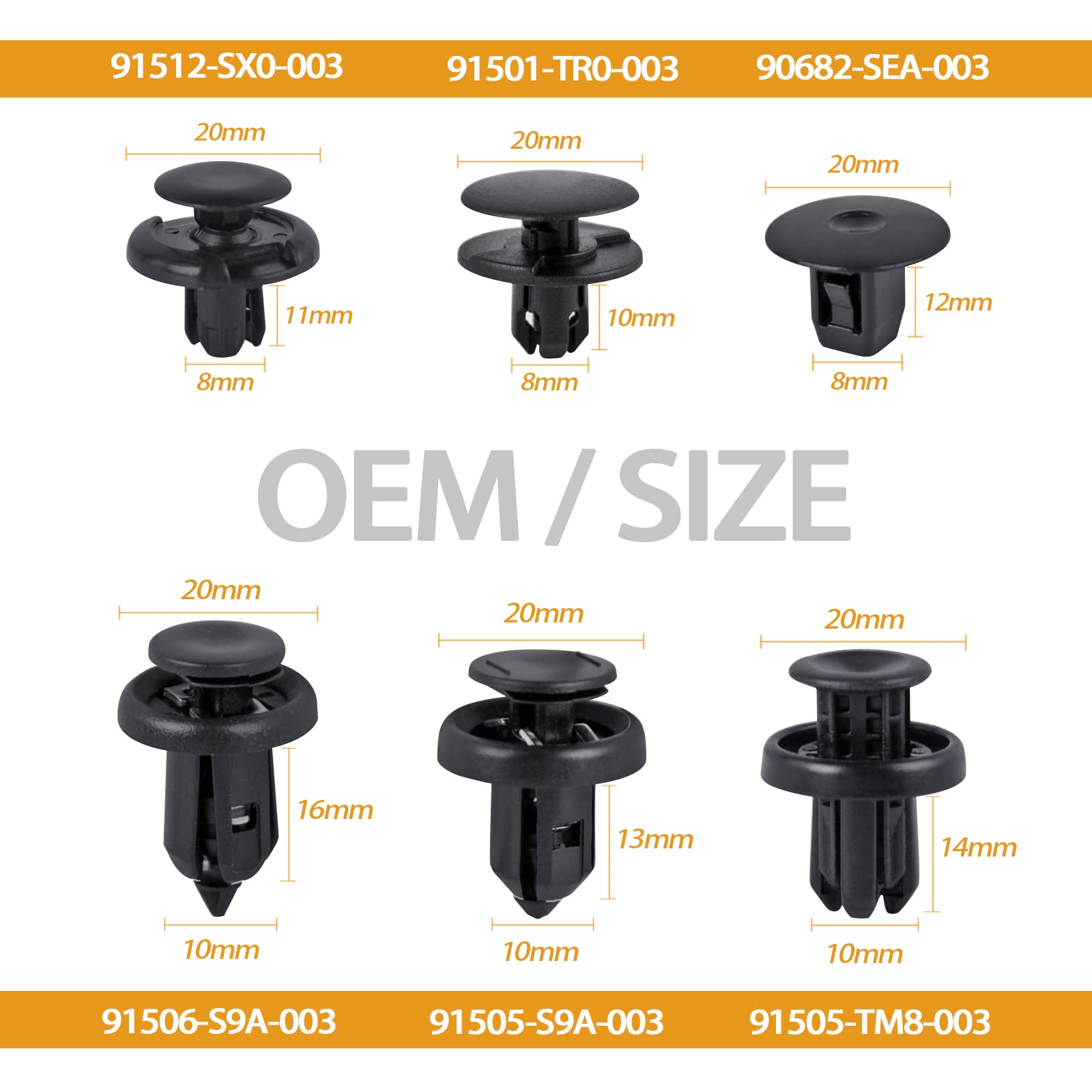 Xislet 6 in 1 Fender Liner Retainer Clips 90682-SEA-003, Front Bumper Fastener 91512-SX0-003, Push-Type Plastic Rivet 91505-S9A-