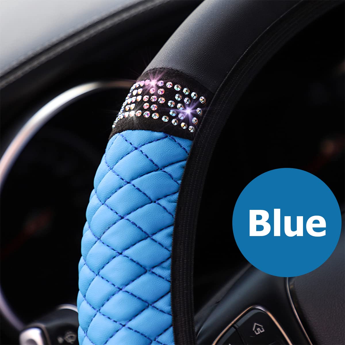 Bling Leather Steering Wheel Cover, Colorful Rhinestones Elastic Steering Wheel Protector, Pu Soft Leather With Crystal Diamond, Sparkling Car Accessories For Most Cars (Blue)
