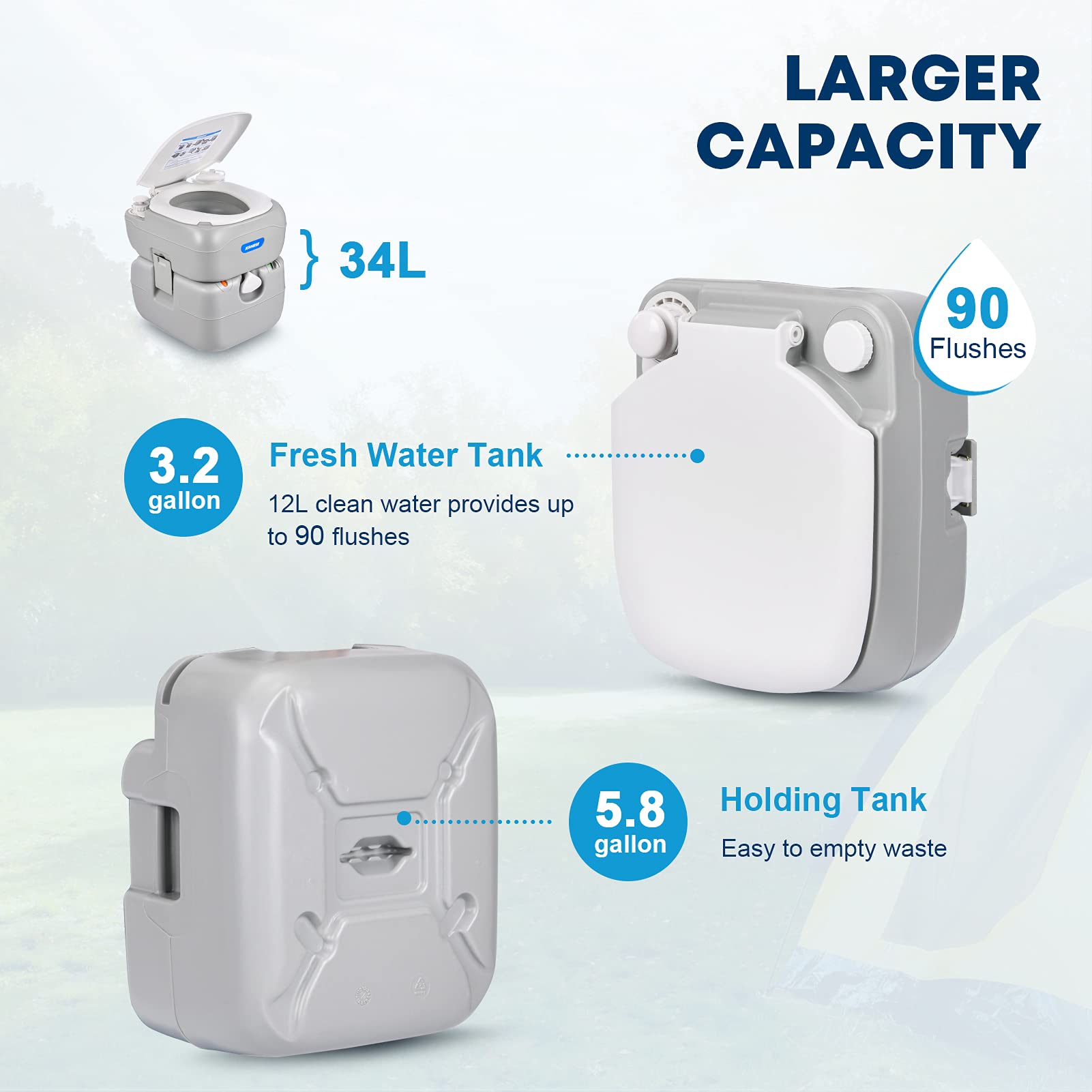 Kohree Portable RV Toilet - 5.8 Gal Detachable Waste Tank, Leak-Proof, Indoor/Outdoor Use, Model HY0671
