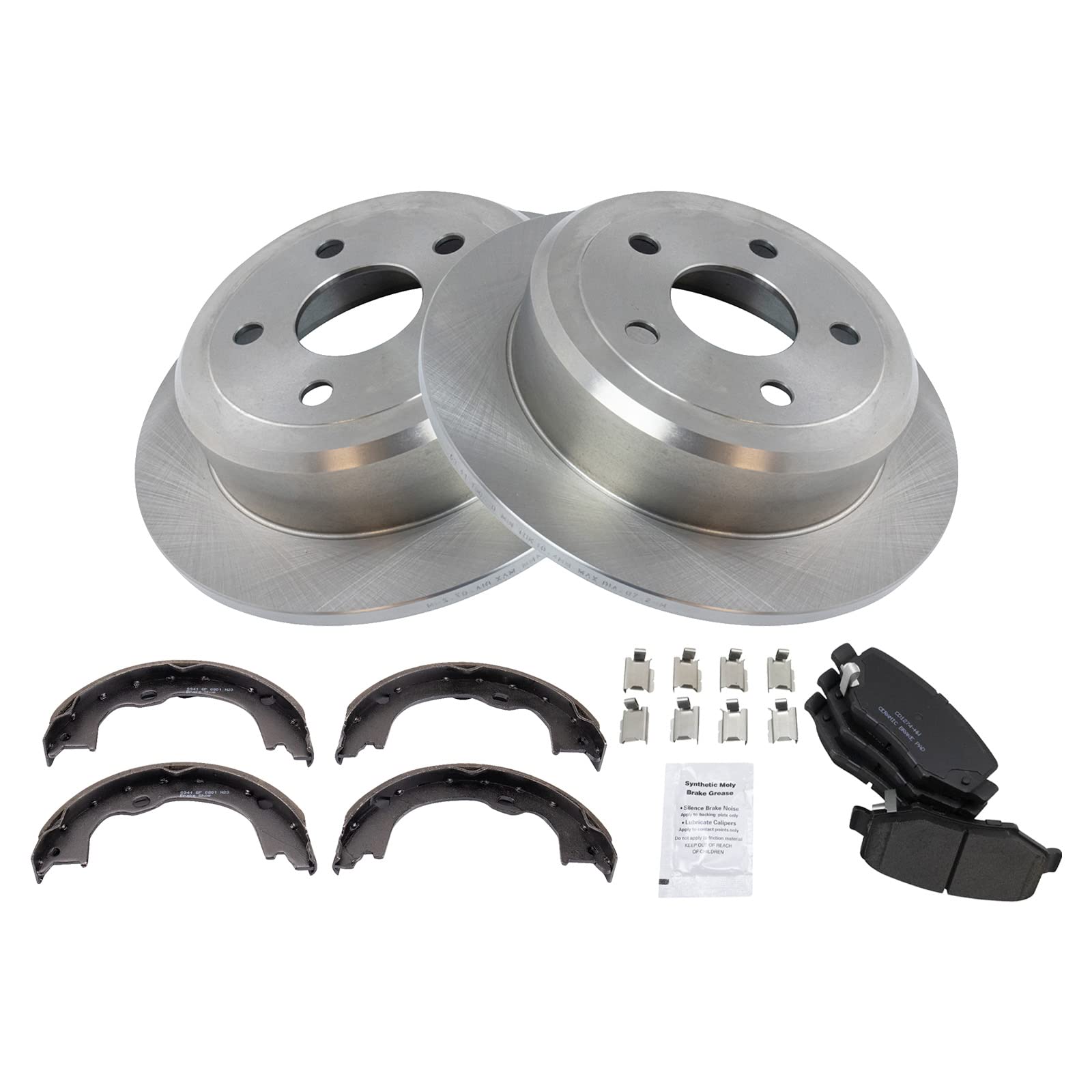 Trq Rear Brake Pad & Rotor Kit Brake Pads Brake Rotor Parking Brake Shoe Set Ceramic Compatible With 2007-2017 Jeep Wrangler 201