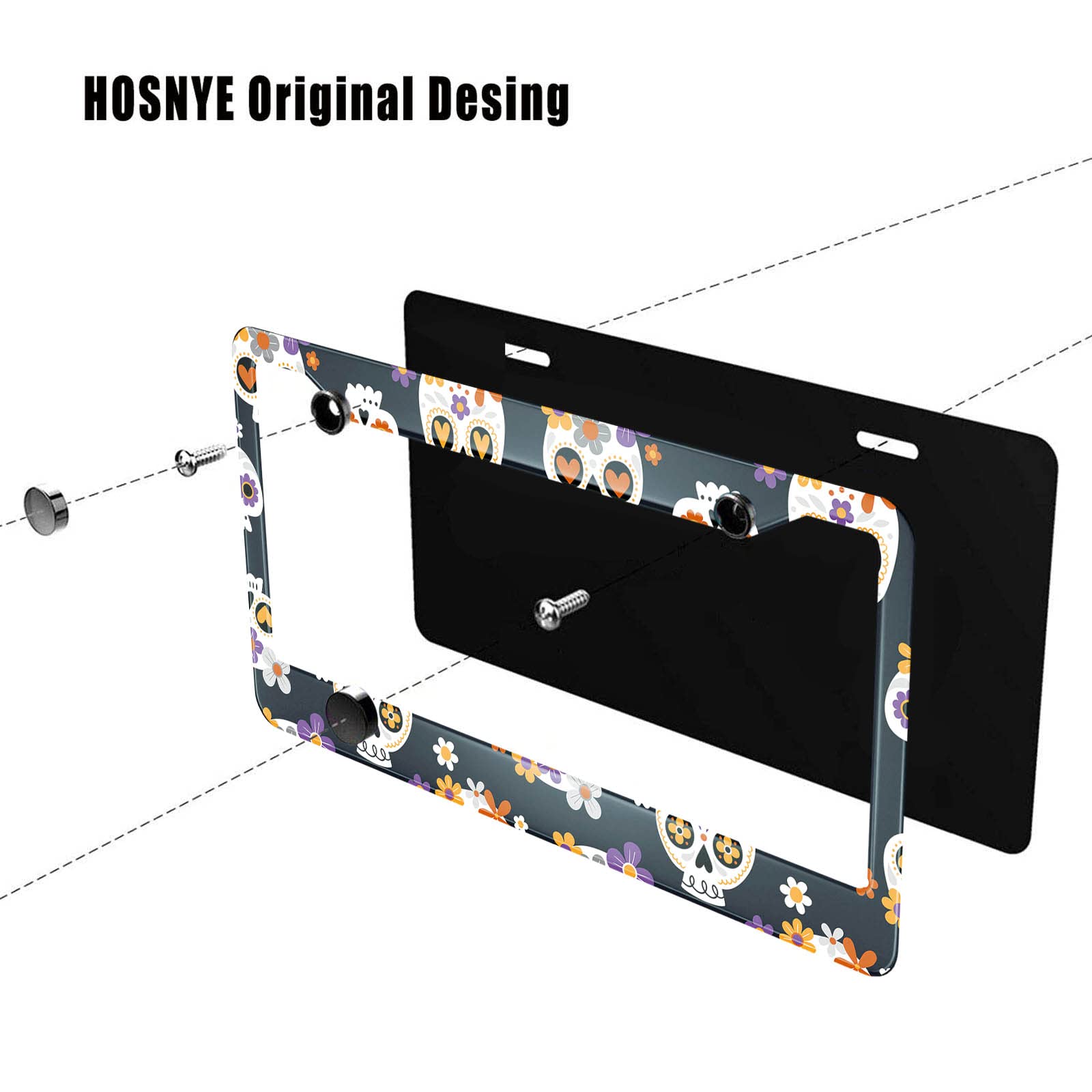 Hosnye Cute Sugar Skulls And Flowers License Plate Frame Halloween Theme Metal License Plate Cover Front Plates Frames Car Tag F