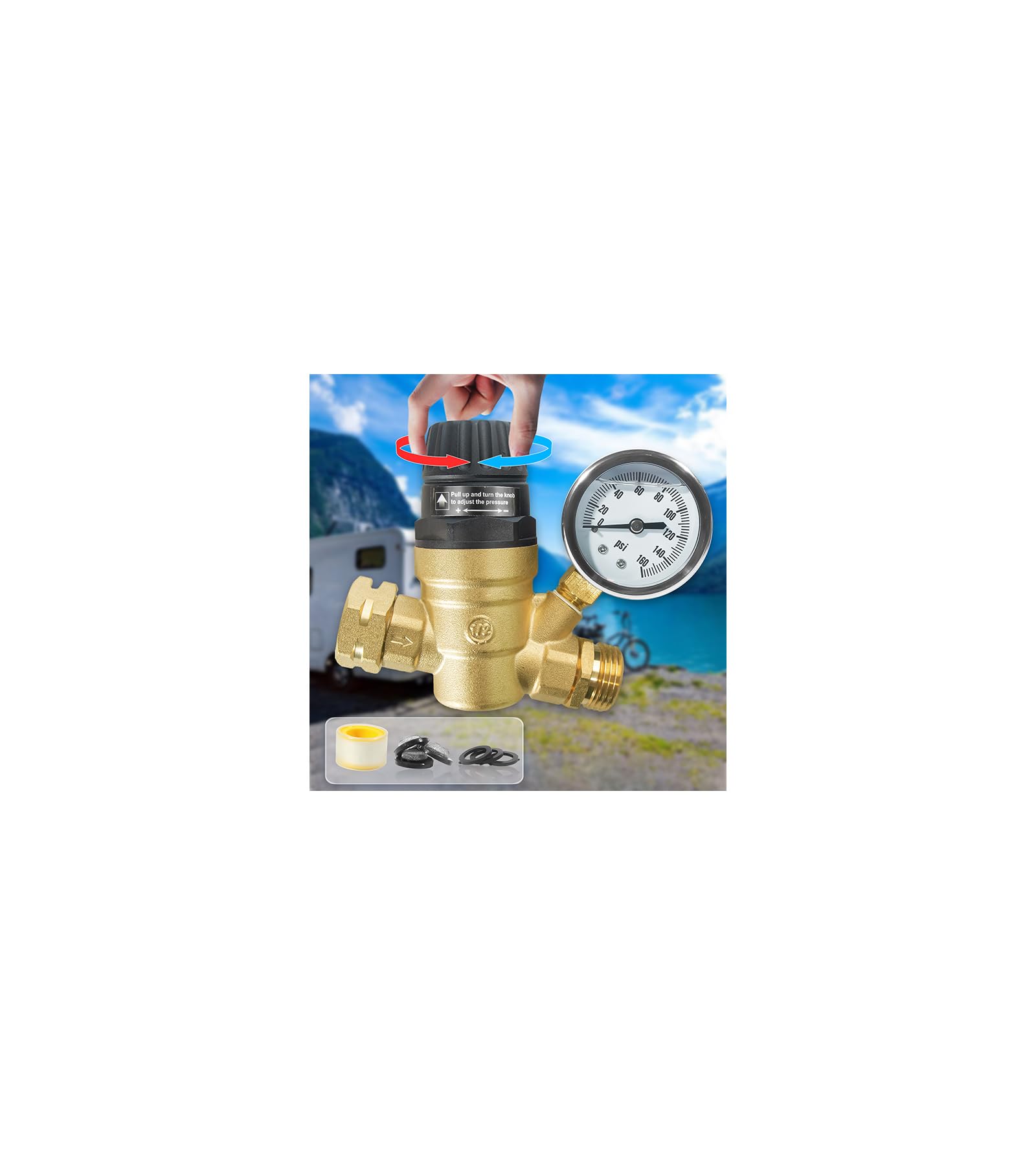 vidonio RV Water Pressure Regulator with Adjustable Handle, Lead-Free Brass Water Pressure Regulator for RV Camper with Pressure