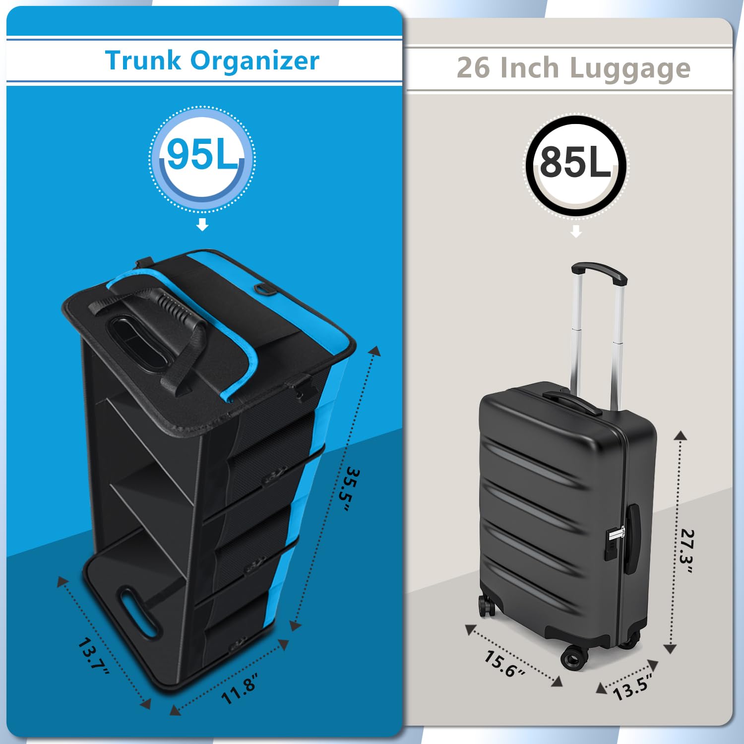 AOPHY Car Trunk Organizer, Waterproof Rubber, 95L Large Capacity, Blue, Adjustable Straps for SUV, Truck, Sedan