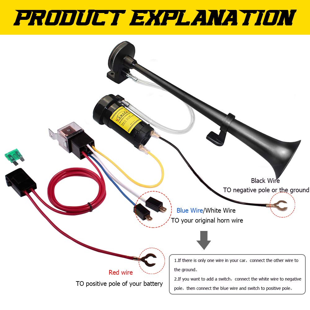 GAMPRO 12V Chrome Zinc Car Air Horn - 150DB Single Trumpet, 18 Inches, Black, Model GAM-DG-CBL for Trucks, Boats, Cars
