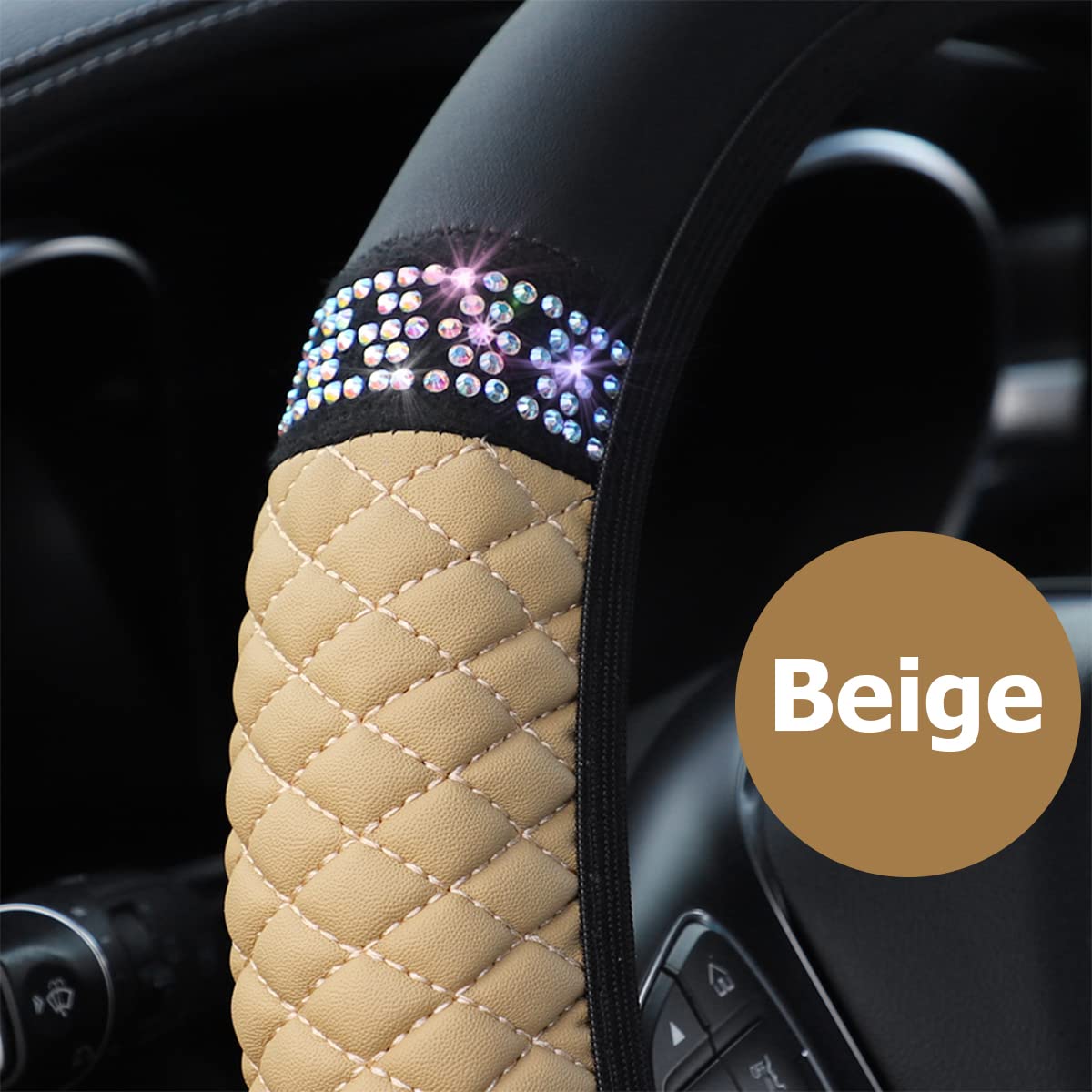 Bling Leather Steering Wheel Cover, Colorful Rhinestones Elastic Steering Wheel Protector, Pu Soft Leather With Crystal Diamond, Sparkling Car Accessories For Most Cars (Beige)