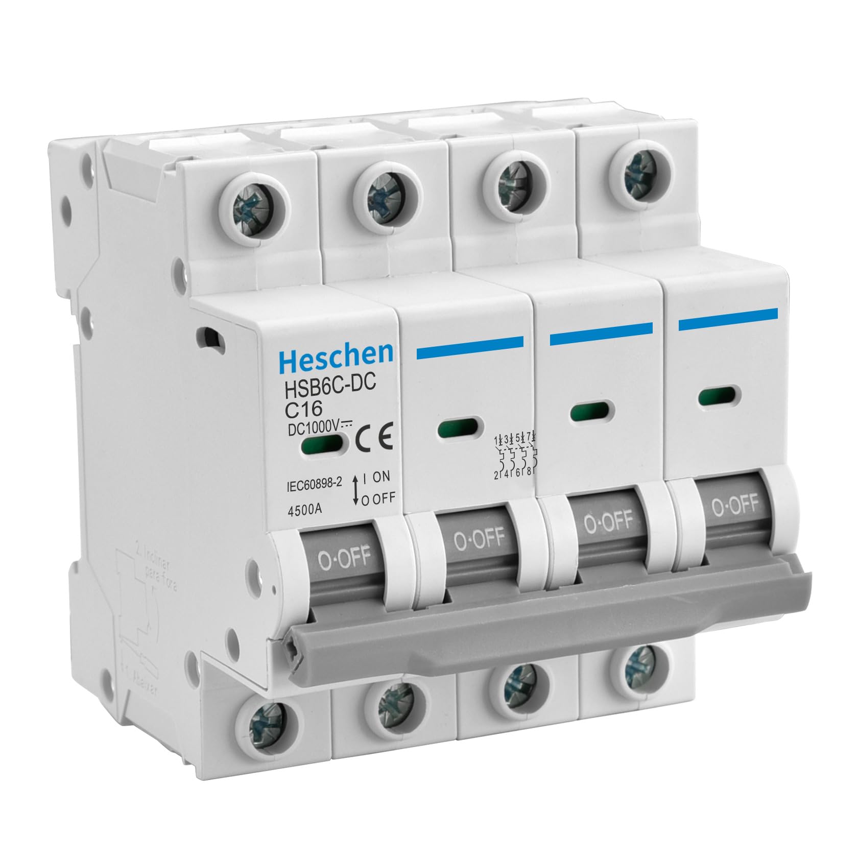 Heschen Dc Miniature Circuit Breaker, Hsb6C-Dc, 4 Poles, Dc1000V 16A, Photovoltaic Circuit Breaker, For Solar Pv System Solar Panels Grid System, 35Mm Din Rail Mounting