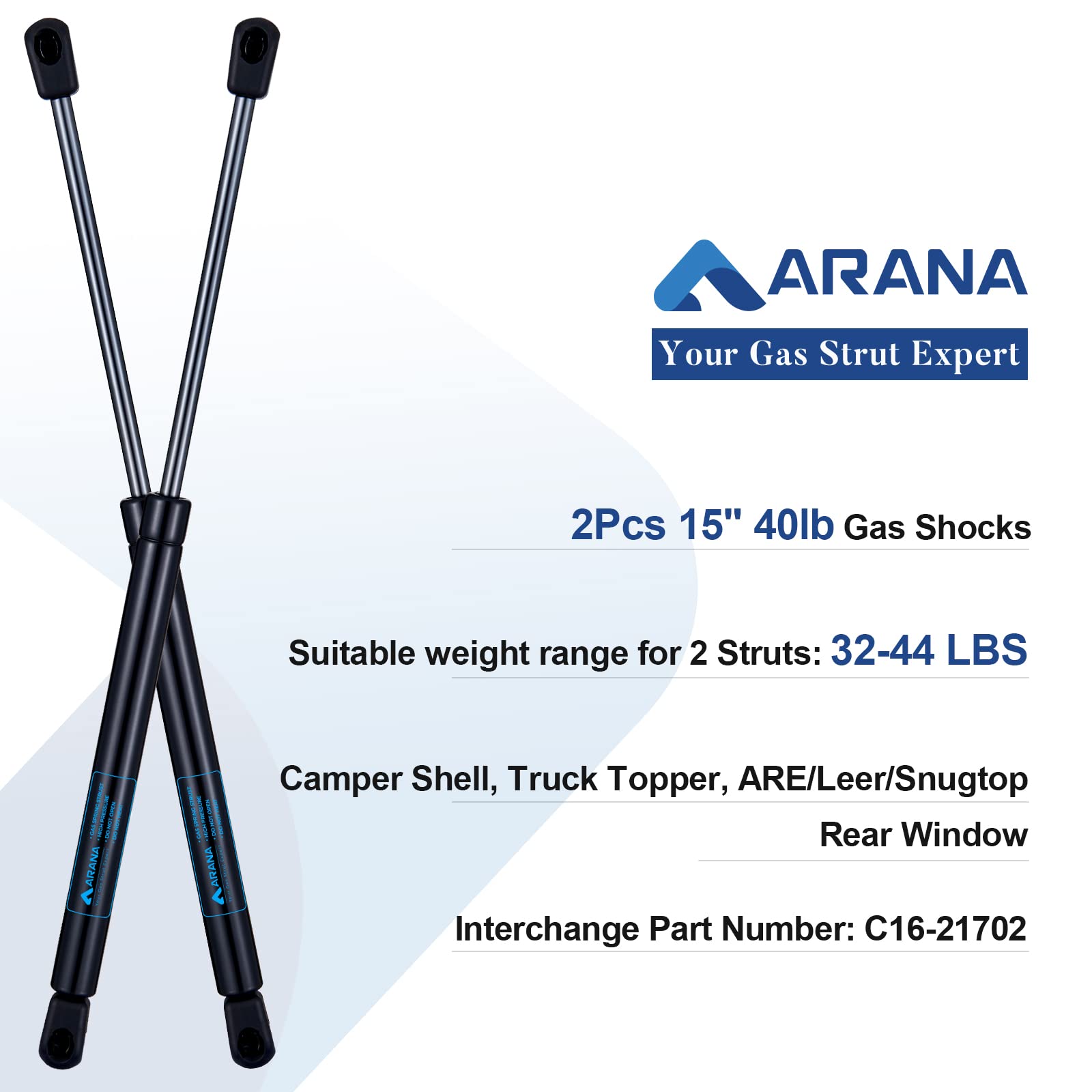C16-21702 15Inch 40Lbs/176N Gas Struts Prop Shock, Gsni-5150-40 Lift-Support Gas Springs For Camper Shell Truck Topper Are/Leer/