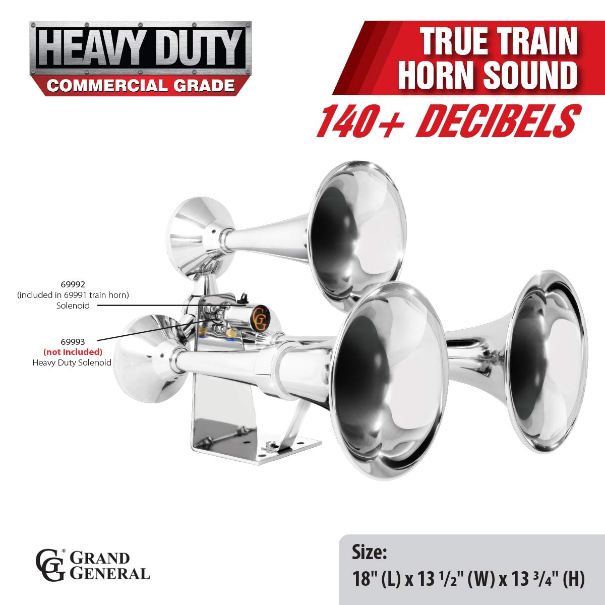 GG Grand General 69991 Chrome Heavy Duty Train Horn - 12/24V Triple Brass Trumpet for Superior Sound