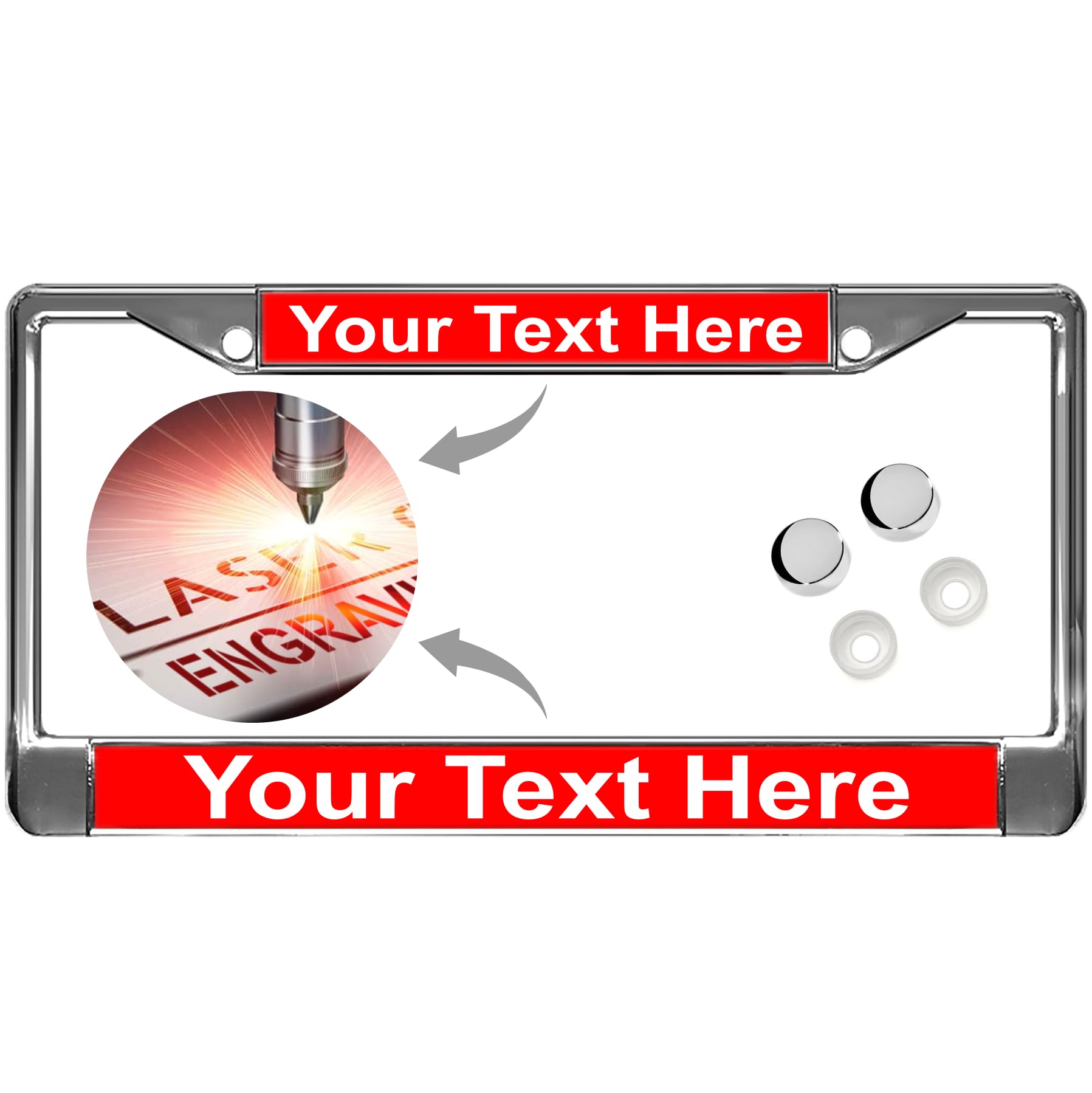 Custom Personalized Chrome-Plated Metal Laser Engraved Standard Size - Car/Automobile License Plate Frame with Free caps - Red/W