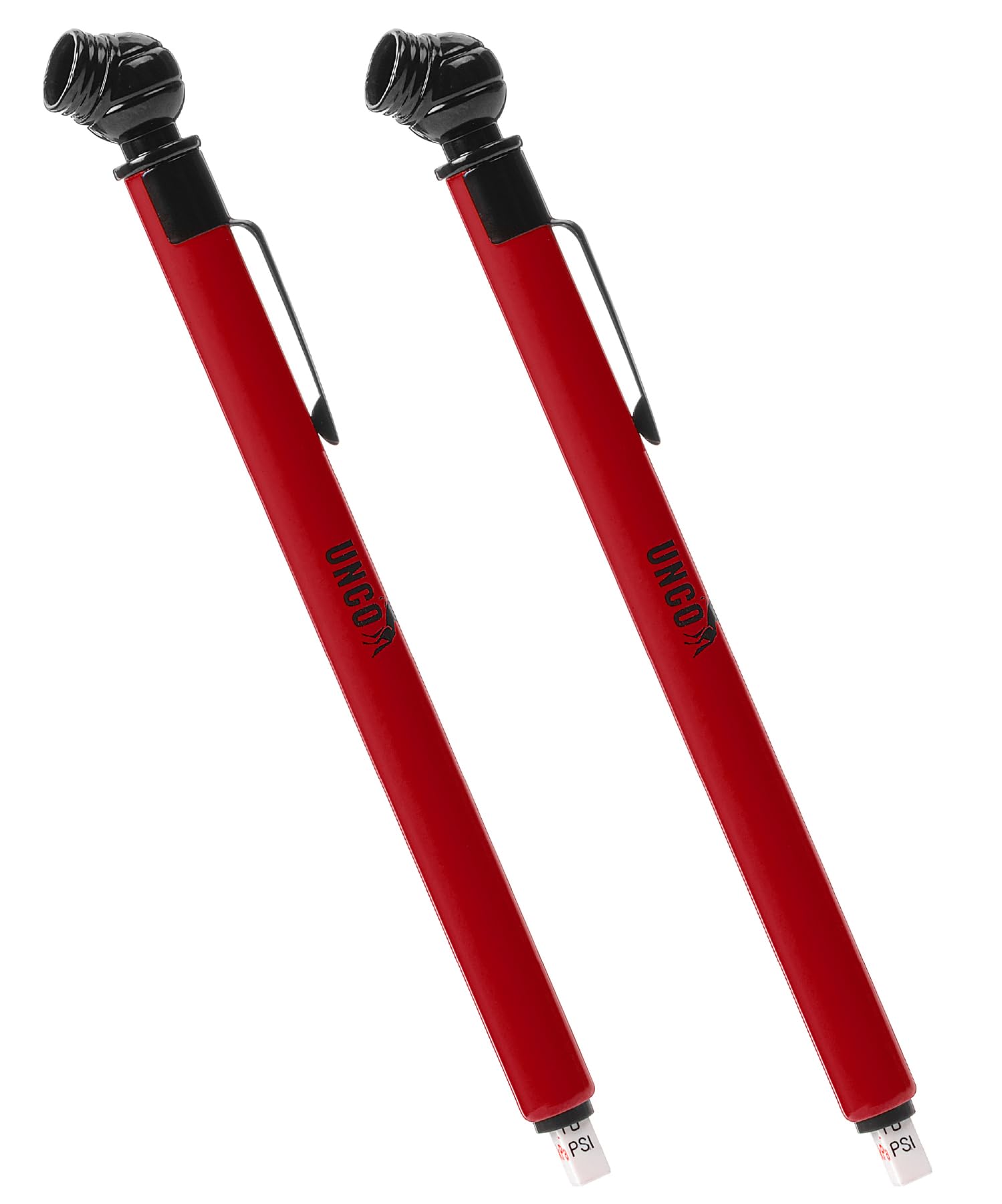 UNCO- Pencil Tire Pressure Gauge, 2 Pack, 10-75 PSI, Red, Stainless Steel Body, Metal Made Nozzle, Rust and Corrosion Resistant,
