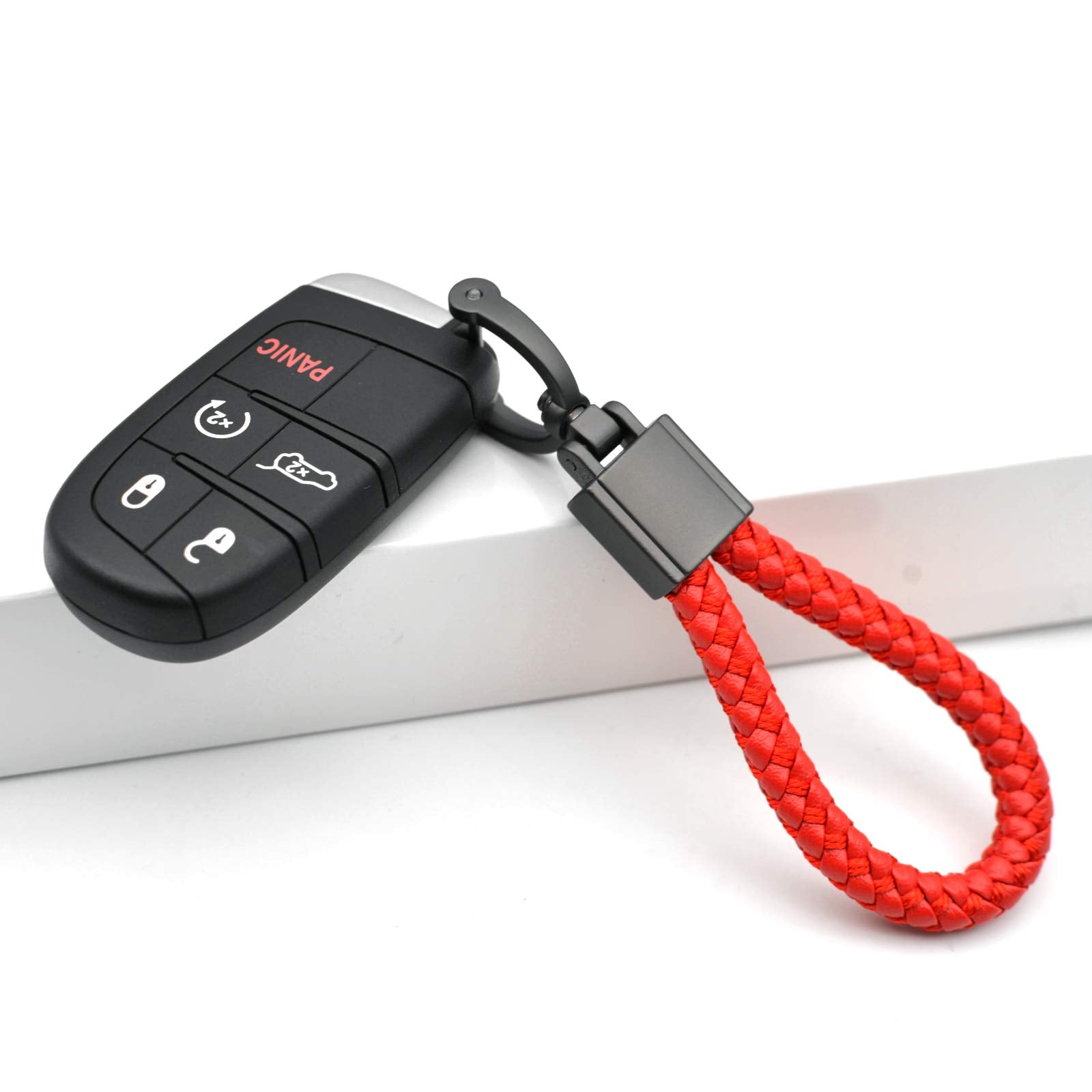 Feyoun Universal Red Leather Car Fob Keychain Metal Keyring Woven Strap Braided Rope Key Chain For Men And Women - Matte Black Color, With 360 Degree Rotatable D-Ring And Screwdriver
