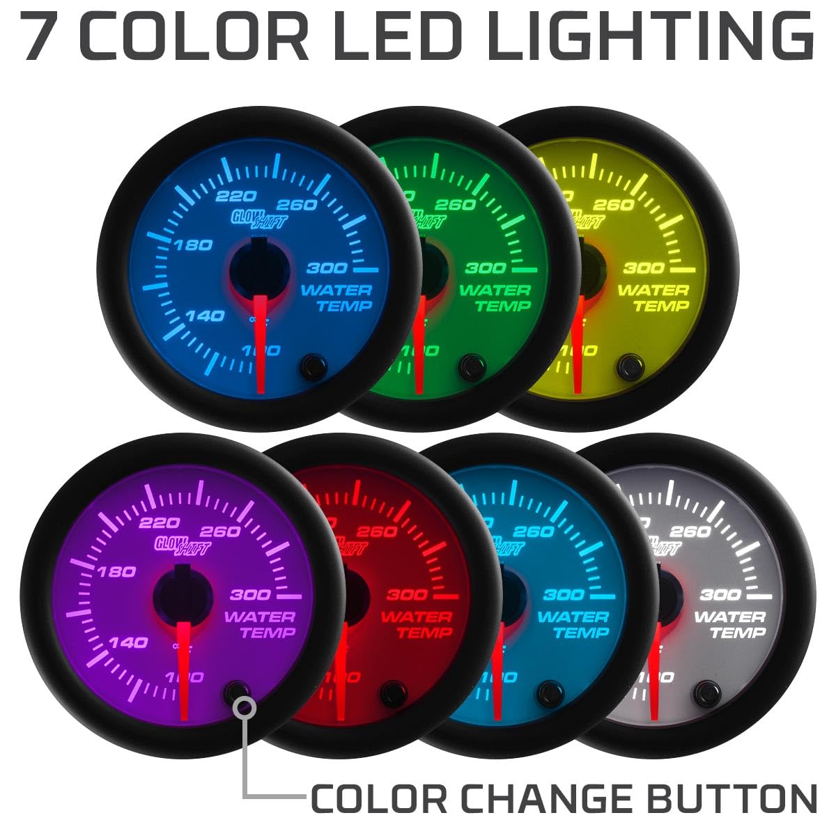 Glowshift White 7 Color 300 F Water Coolant Temperature Gauge Kit - Includes Electronic Sensor - White Dial - Clear Lens - For C