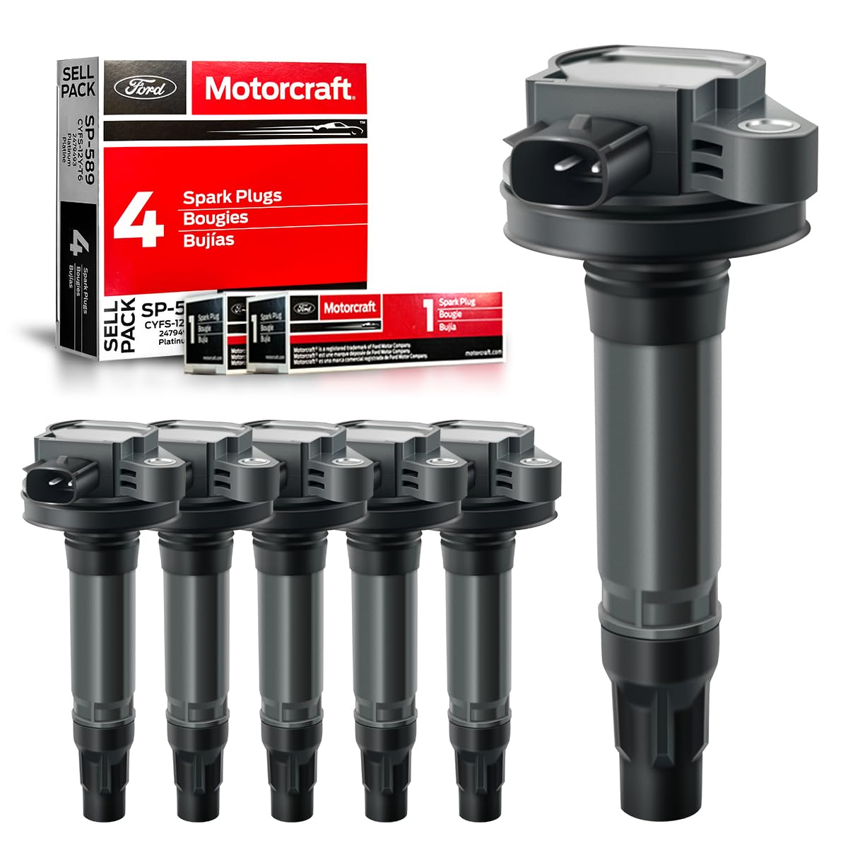 MAS Set of 6 Ignition Coil Pack & 6Pcs Motorcraft Platinum Spark Plug SP589 Compatible with Lincoln MKS MKT MKX MKZ Ford Edge Fl