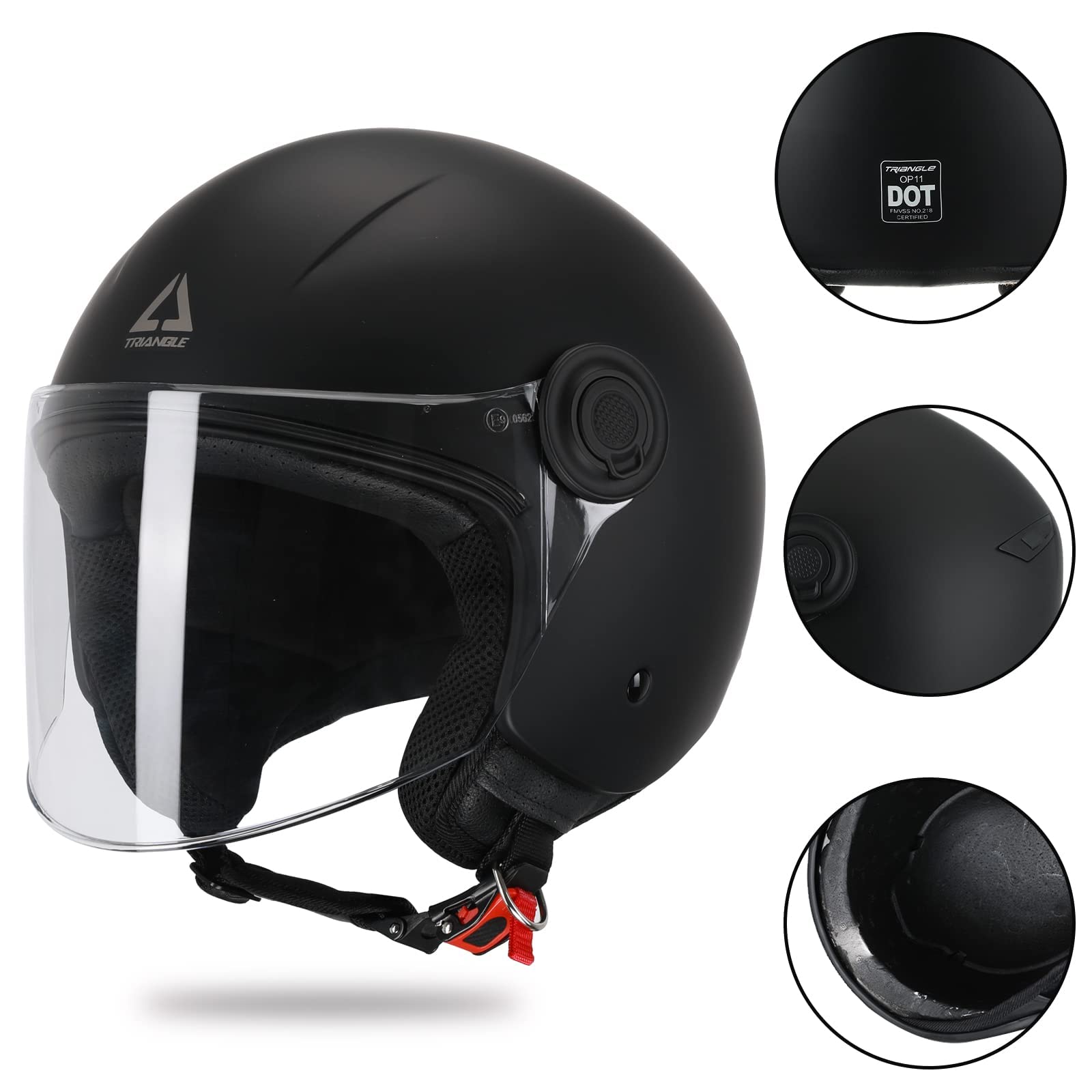 TRIANGLE Open Face Motorcycle Helmet 3/4 Half Helmets with Clear Visor for Men Women DOT Approved (Medium, Matte Black)