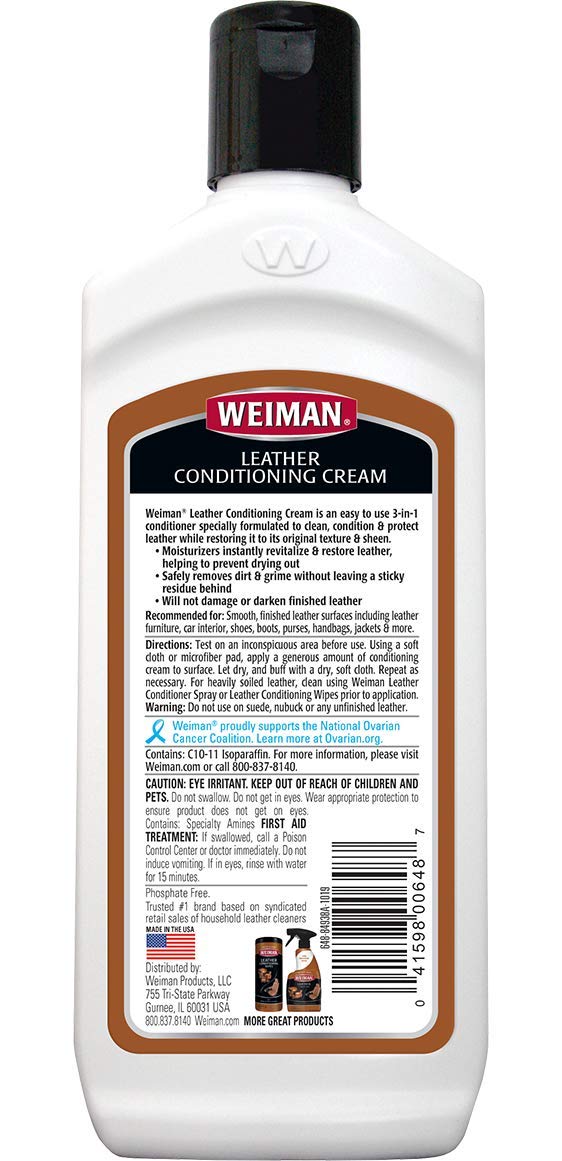 Weiman 3 in 1 Deep Leather Cleaner & Conditioner Cream - 8 Fl Oz - Restores Leather Furniture, Car Seats, Shoes, Bags, Jackets, Saddles