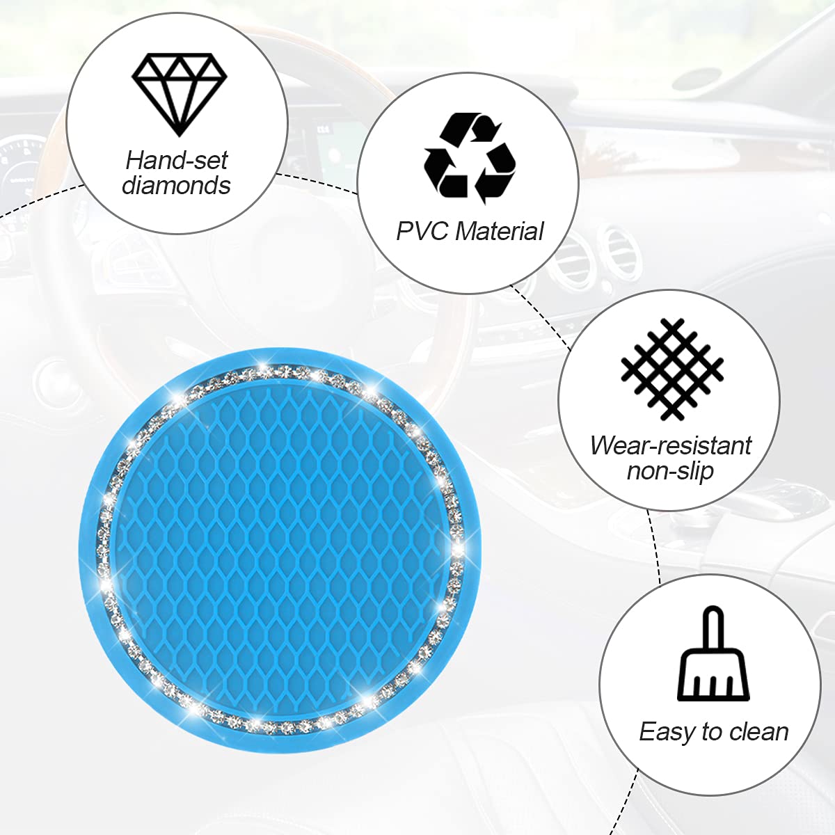Car Bling Cup Holder Coaster, 2 Pack 2.75 Inch Crystal Rhinestone Car Cup Holder Insert Coaster,Universal For Cars, Vehicles, Suvs, Car Interior Accessories For Women And Men (Blue)