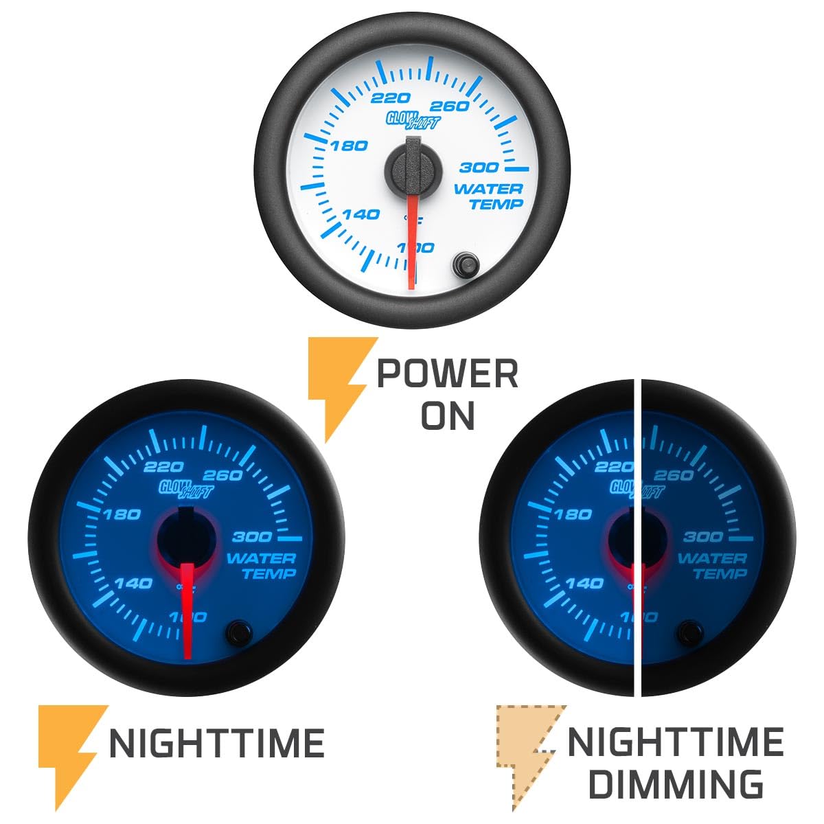Glowshift White 7 Color 300 F Water Coolant Temperature Gauge Kit - Includes Electronic Sensor - White Dial - Clear Lens - For C
