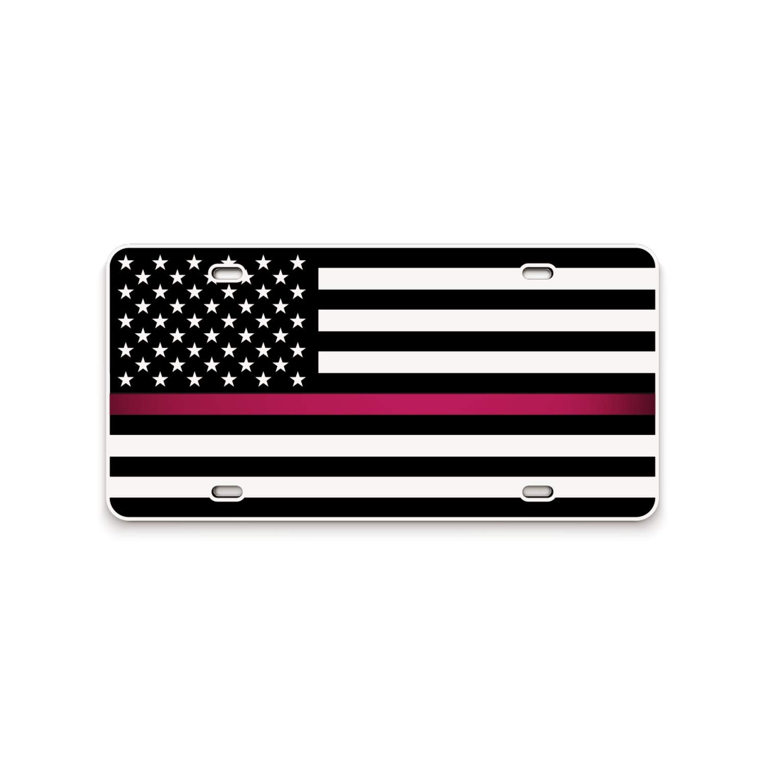 Thin Pink Line American Flag License Plate Breast Cancer Awareness Matte White On 1/8 Brushed Aluminum Composite Heavy Duty Tactical Patriot Usa Car Tag