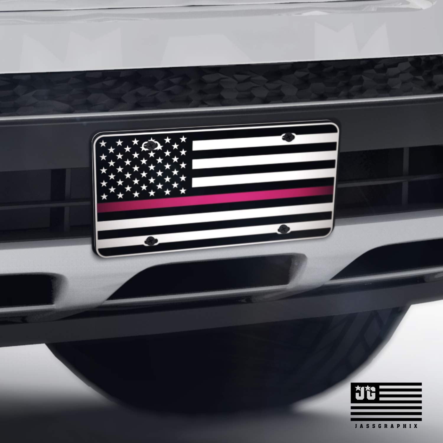 Thin Pink Line American Flag License Plate Breast Cancer Awareness Matte White On 1/8 Brushed Aluminum Composite Heavy Duty Tactical Patriot Usa Car Tag