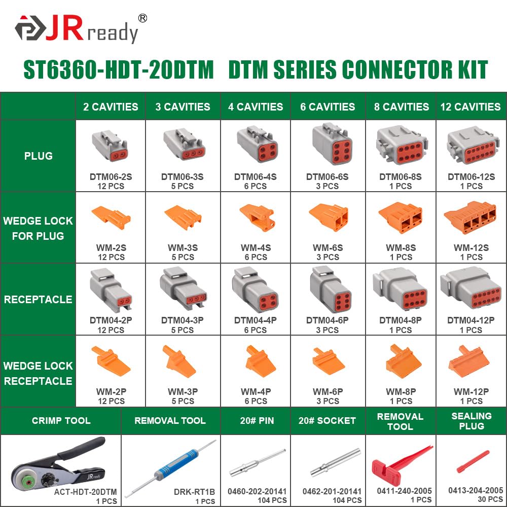 JRready ST6360 DTM Connector Crimp Tool Kit with 354 PCS Connectors, Size 20 Solid Terminal for Automotive Electrical Applications