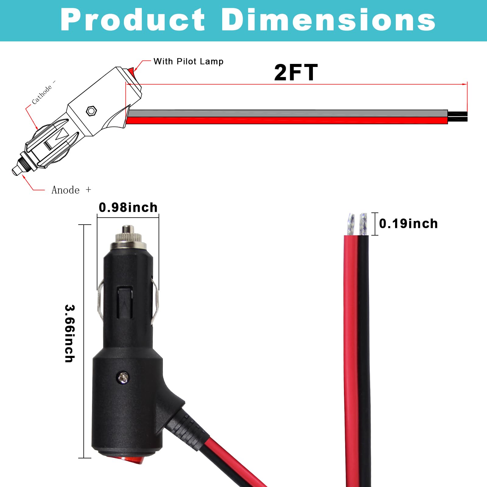 12V Fused Replacement Cigarette Lighter Male Plug With On Off Switch - 2Ft 12Volt 15Amp Cigarette Lighter Plug With Leads And Le
